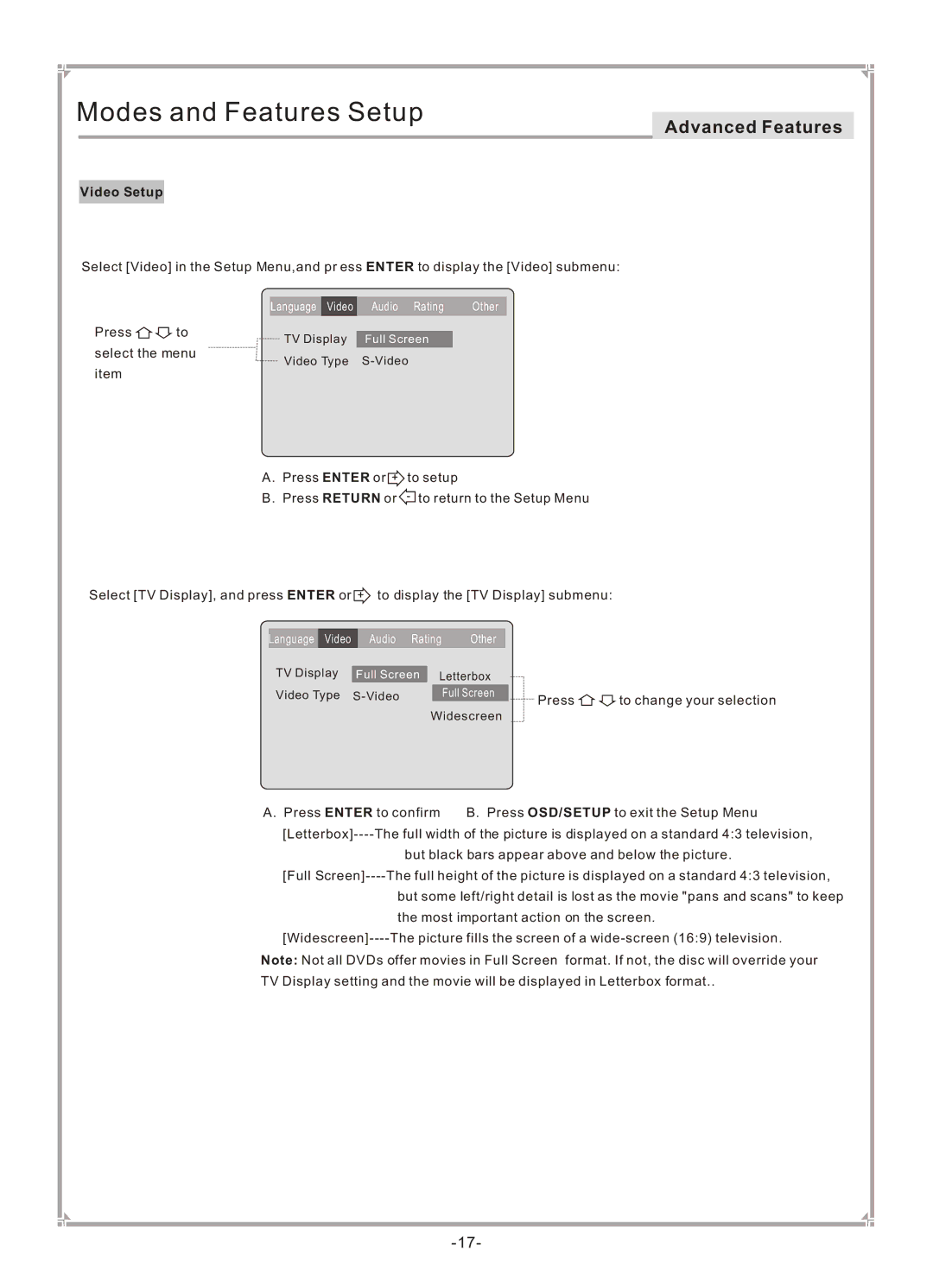 GoVideo DVP745 user manual Video Setup, Language Video Audio Rating Other 