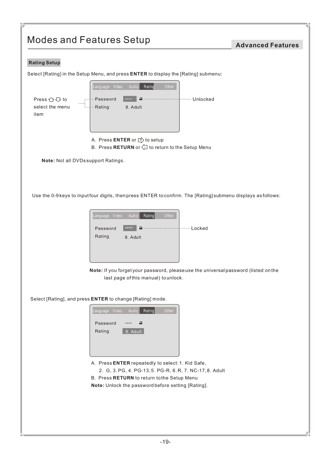 GoVideo DVP745 user manual Rating Setup 