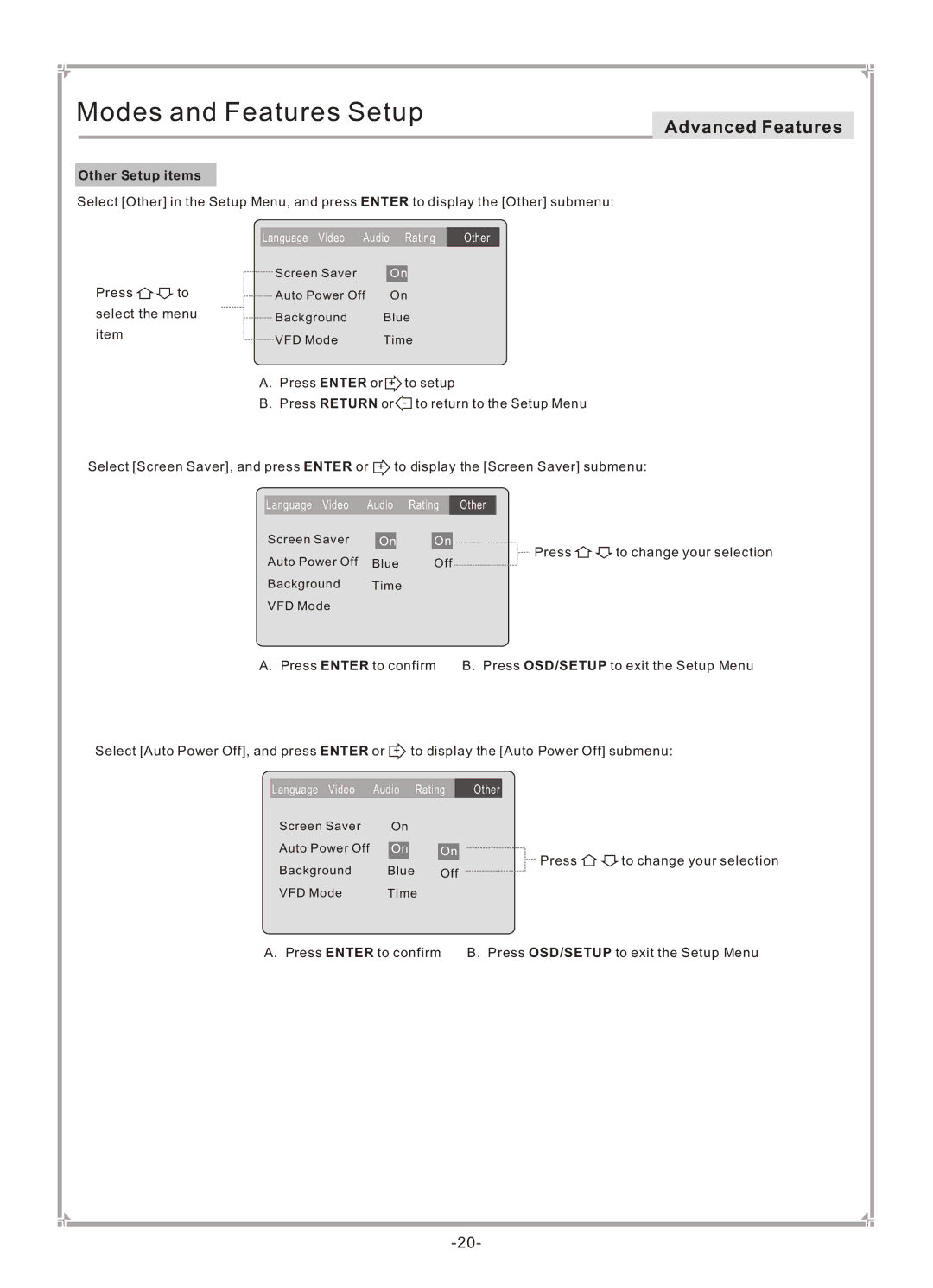 GoVideo DVP745 user manual Other Setup items 