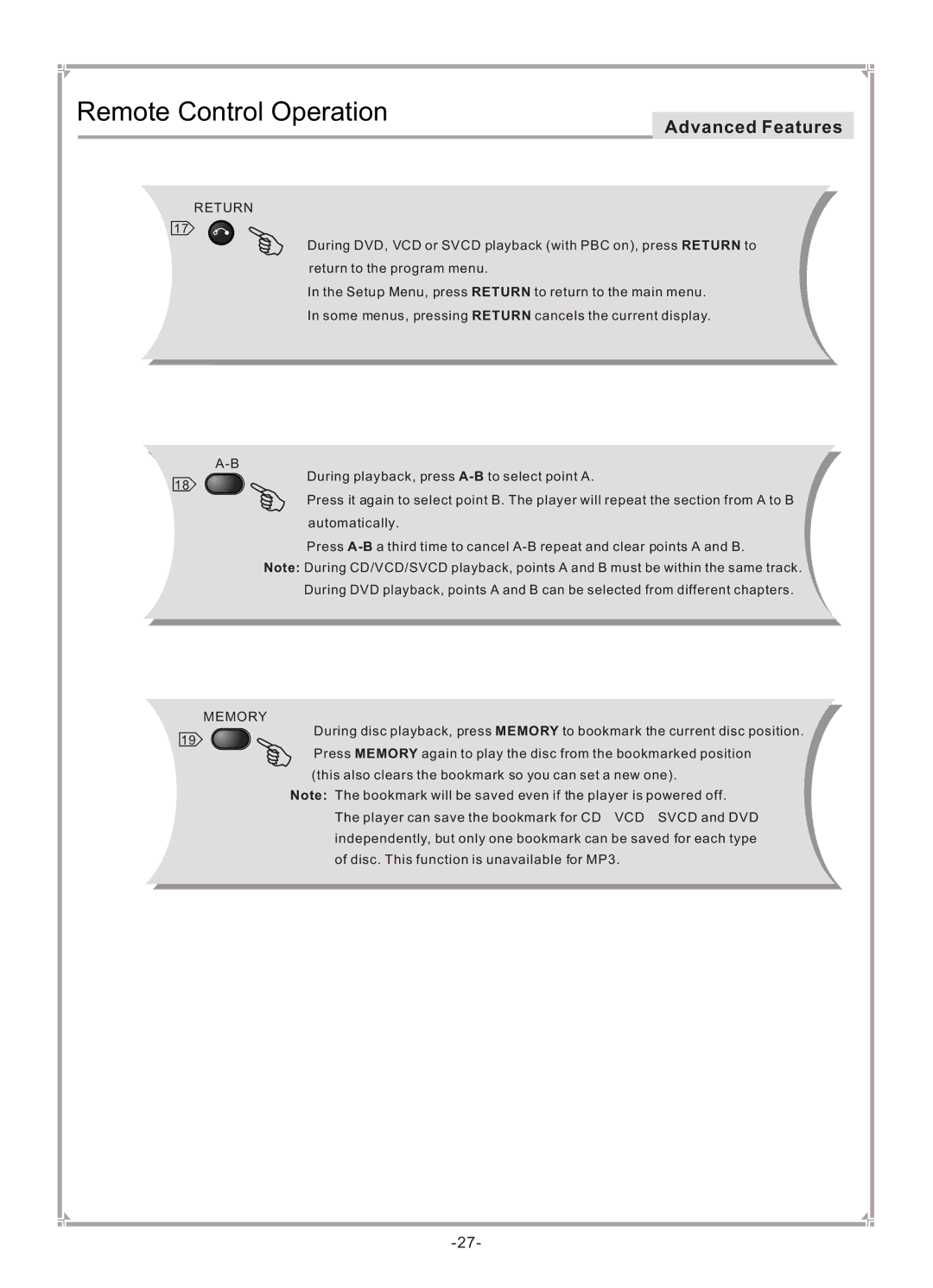 GoVideo DVP745 user manual Return, Memory 