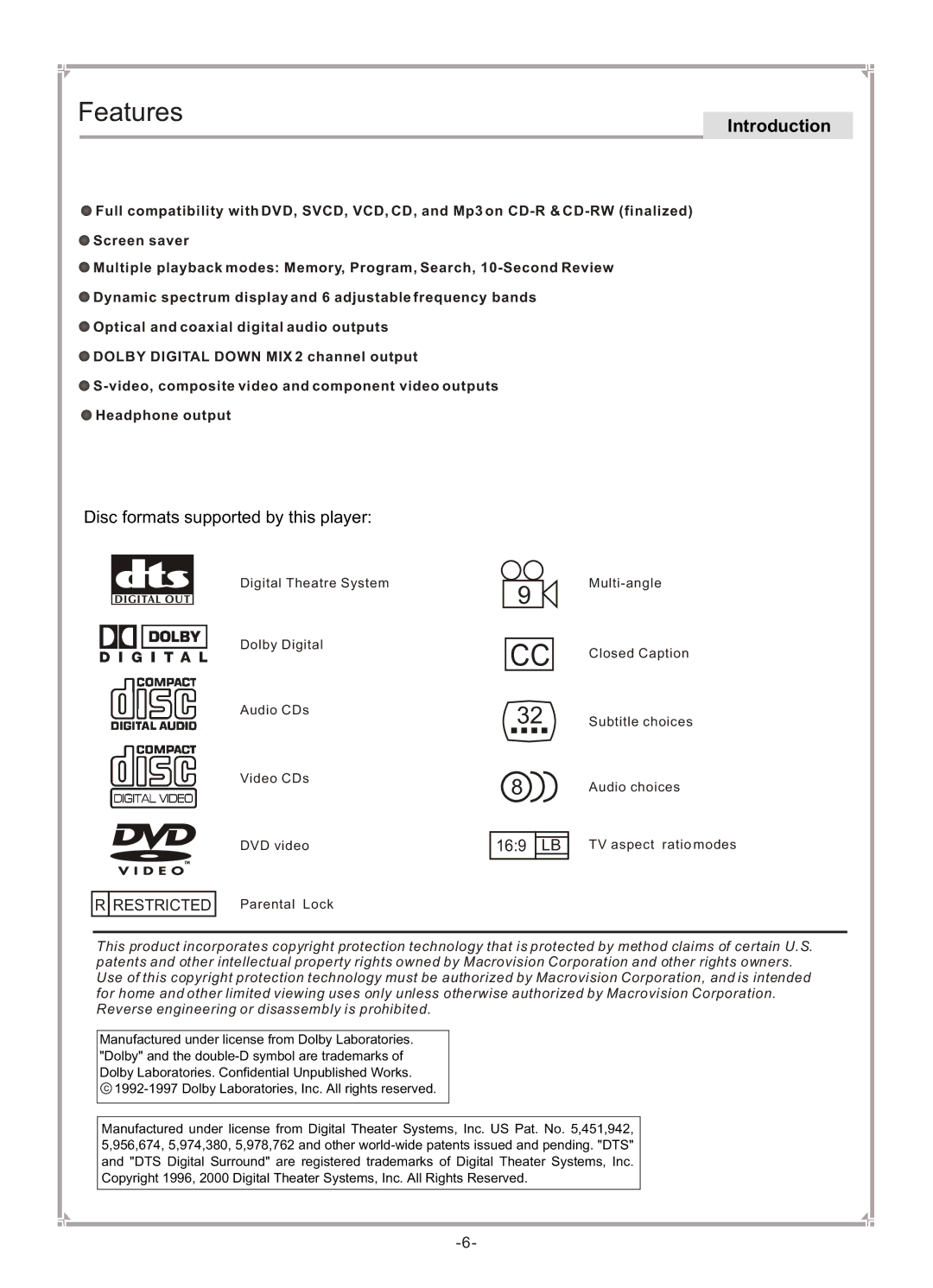 GoVideo DVP745 user manual Features, Disc formats supported by this player 