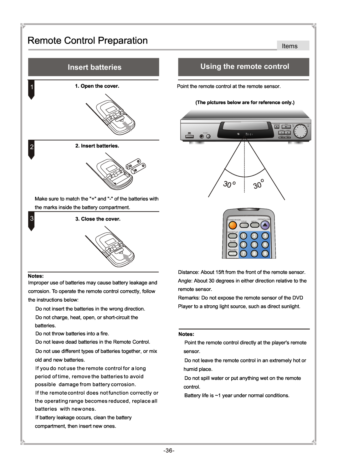 GoVideo DVP745 user manual Remote Control Preparation, Insert batteries, Using the remote control, Items, Open the cover 
