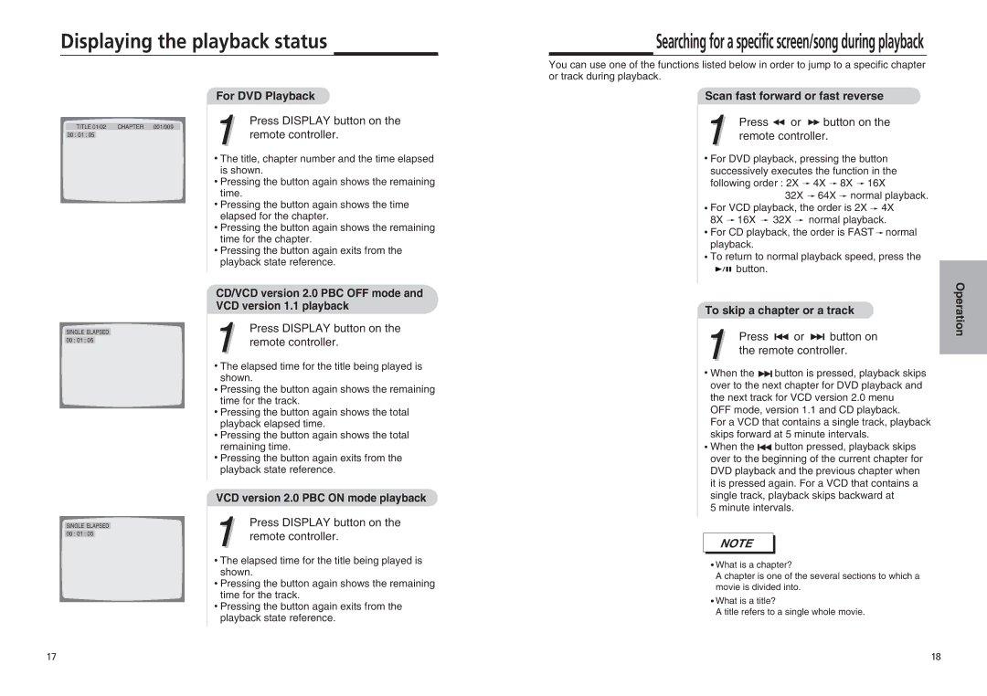 GoVideo DVP855 manual Displaying the playback status, For DVD Playback, VCD version 2.0 PBC on mode playback 