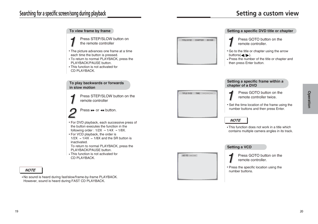 GoVideo DVP855 manual To view frame by frame, To play backwards or forwards in slow motion, Setting a VCD 