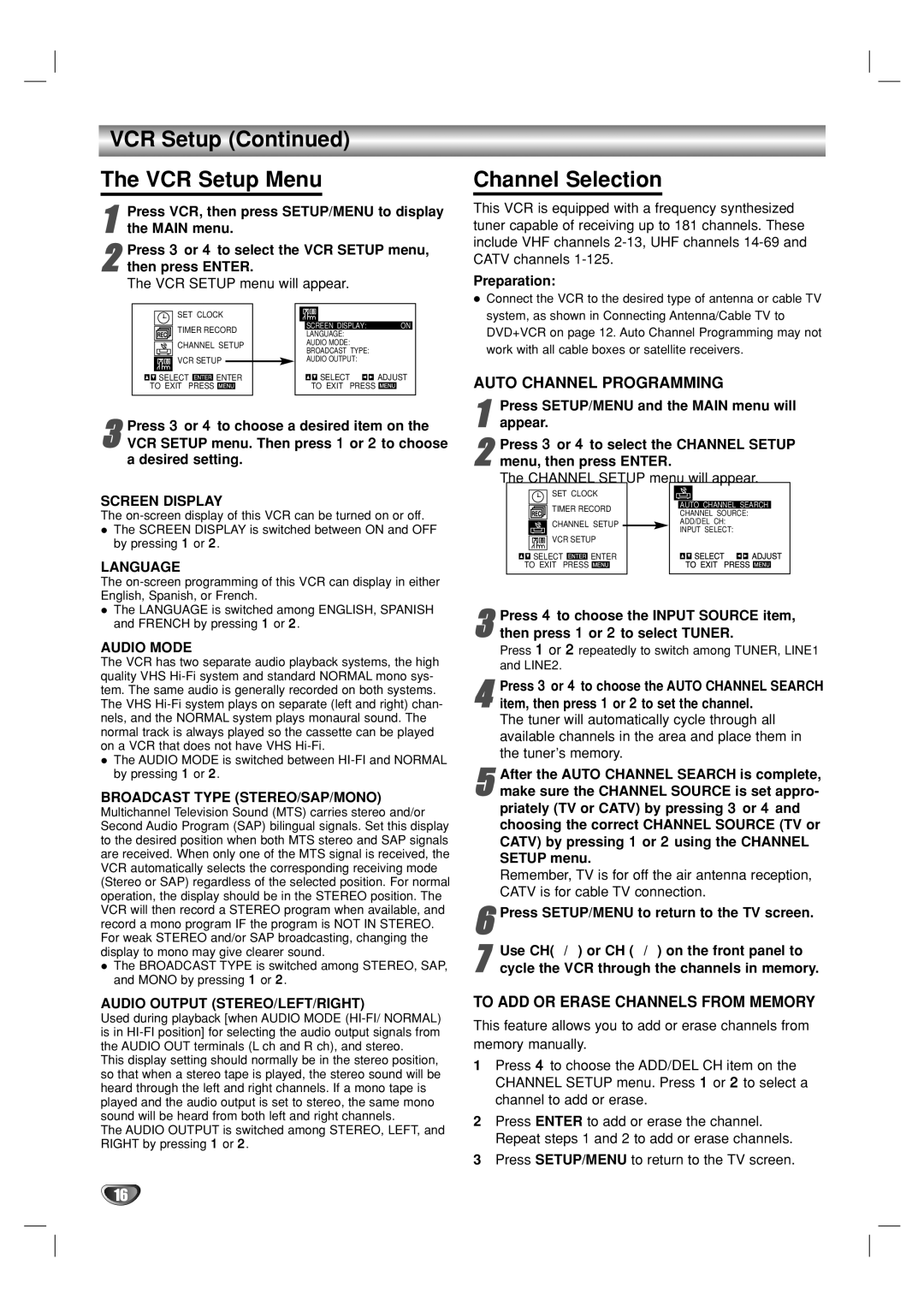 GoVideo DVP950 manual VCR Setup VCR Setup Menu, Channel Selection 