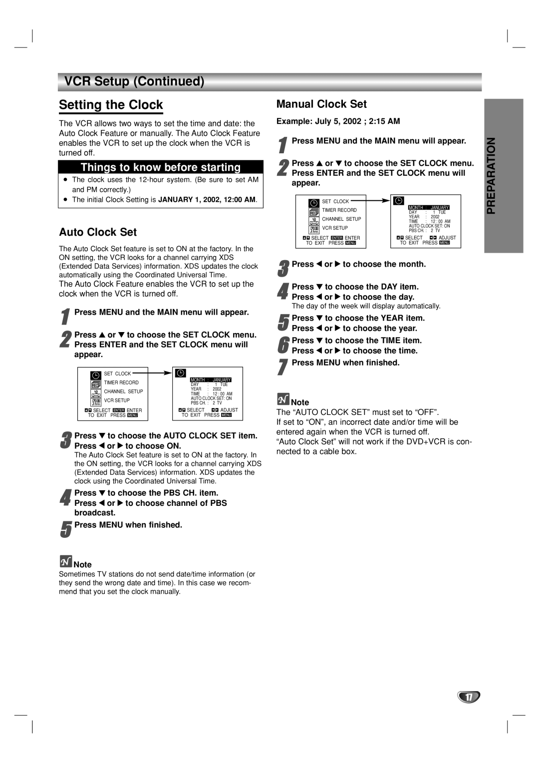 GoVideo DVP950 manual VCR Setup Setting the Clock, Auto Clock Set, Manual Clock Set, Press 1 or 2 to choose on 