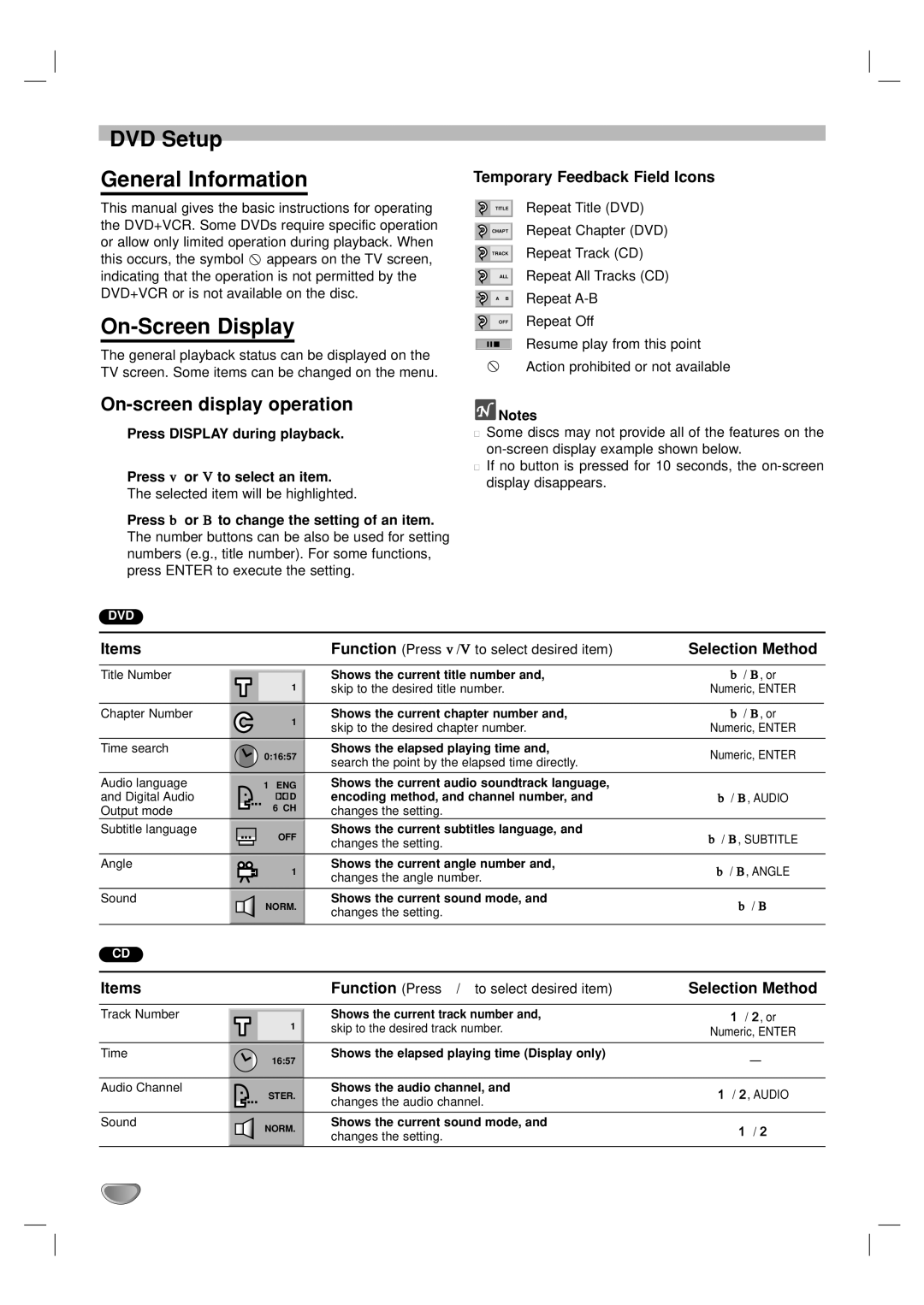 GoVideo DVP950 manual DVD Setup General Information, On-Screen Display, On-screen display operation 