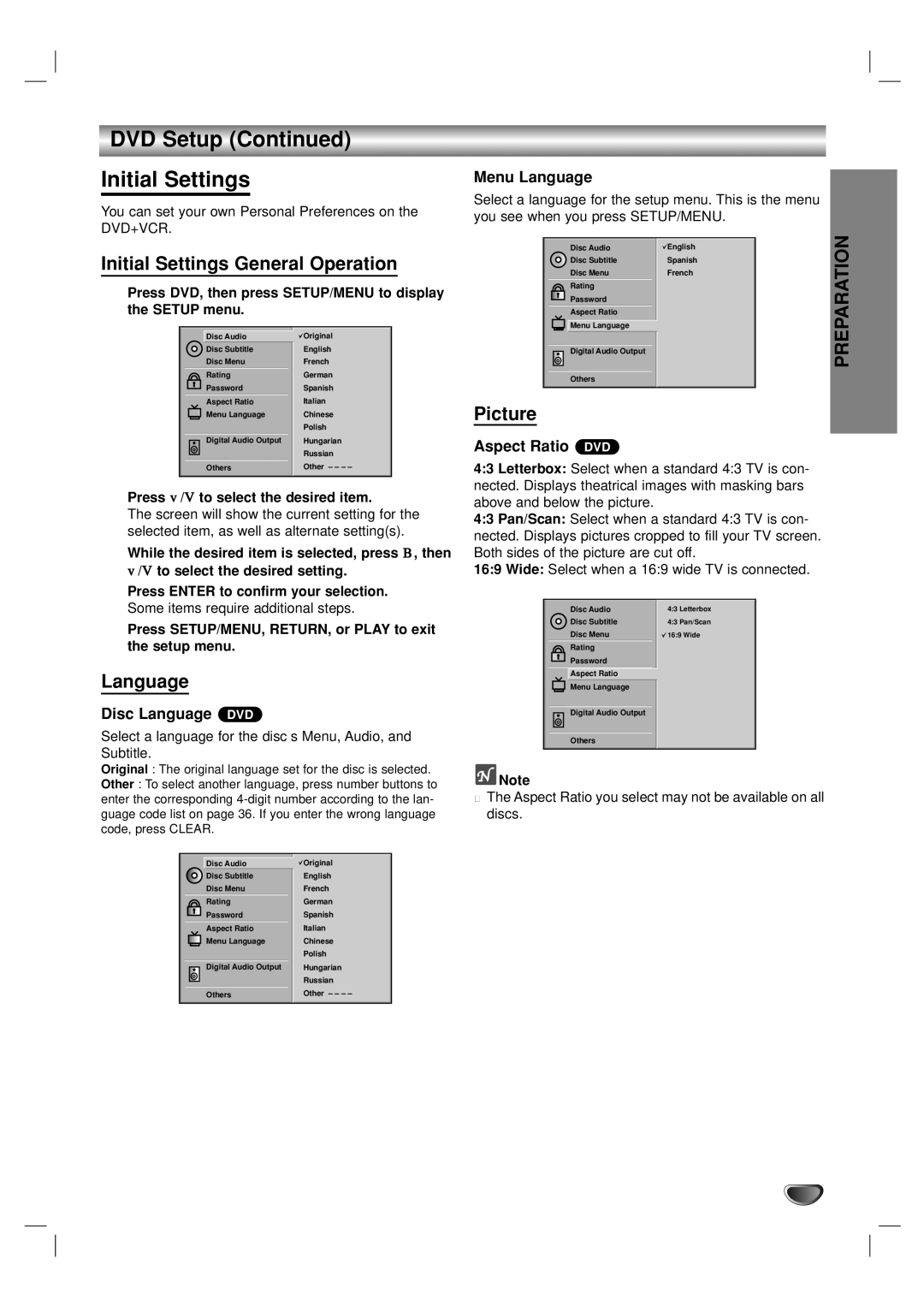 GoVideo DVP950 manual DVD Setup Initial Settings, Initial Settings General Operation, Language, Picture 