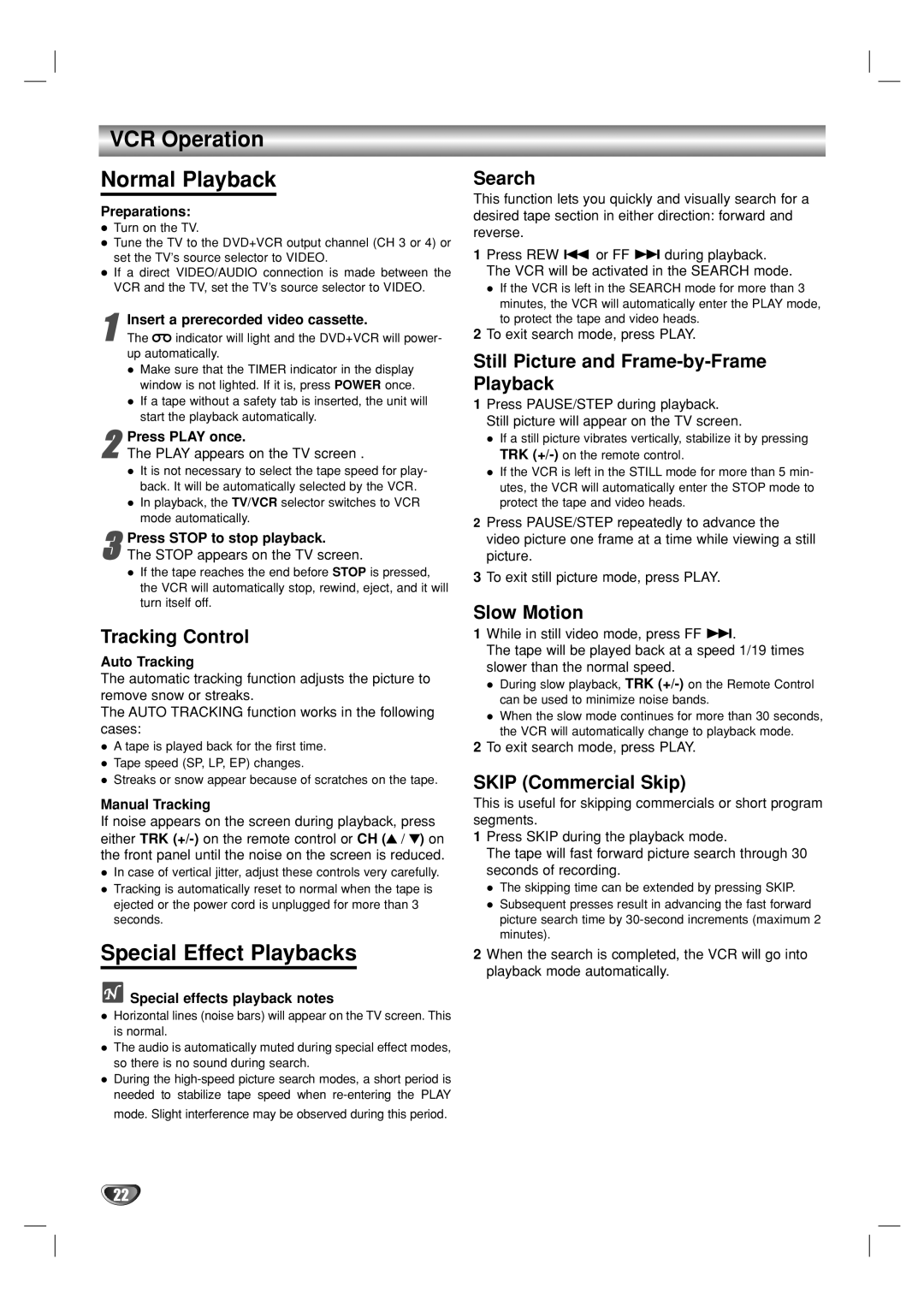 GoVideo DVP950 manual VCR Operation Normal Playback, Special Effect Playbacks 