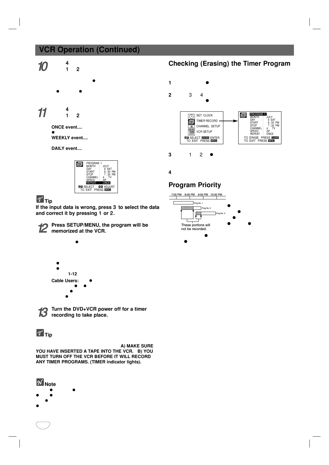 GoVideo DVP950 manual VCR Operation, Checking Erasing the Timer Program, Program Priority 