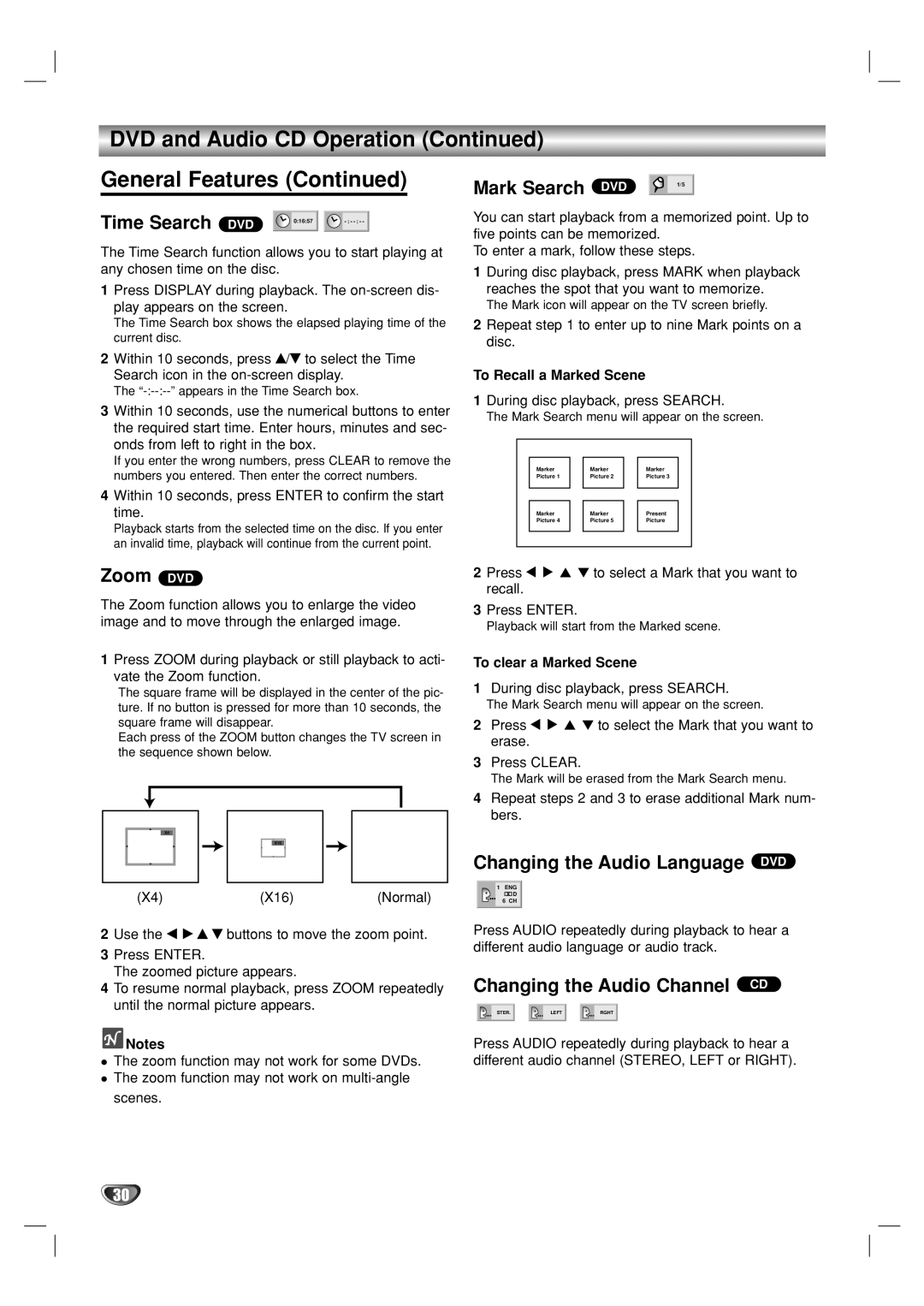 GoVideo DVP950 manual Time Search, Zoom DVD, Mark Search, Changing the Audio Language DVD, Changing the Audio Channel CD 