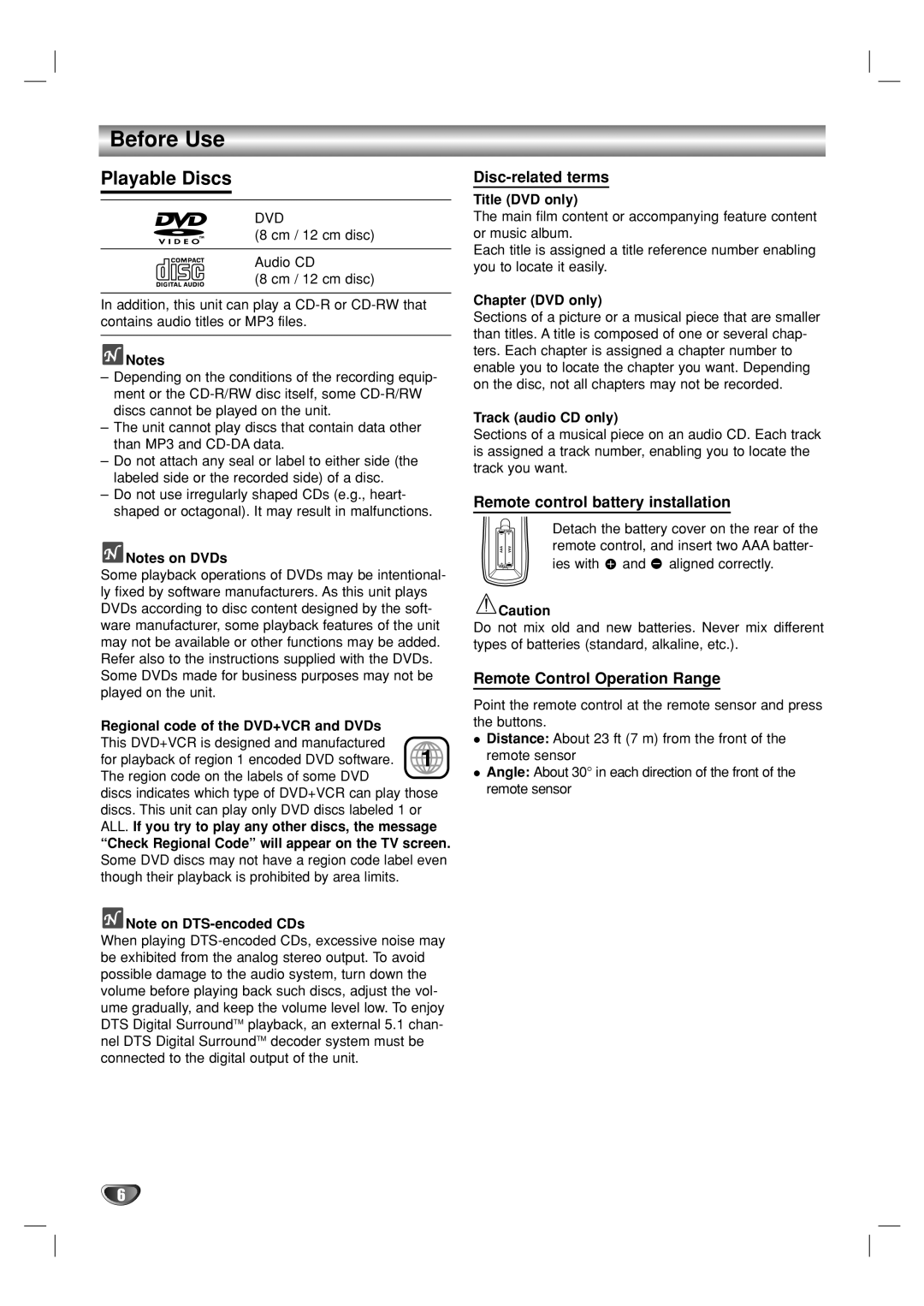 GoVideo DVP950 manual Before Use, Playable Discs, Disc-related terms, Remote control battery installation 