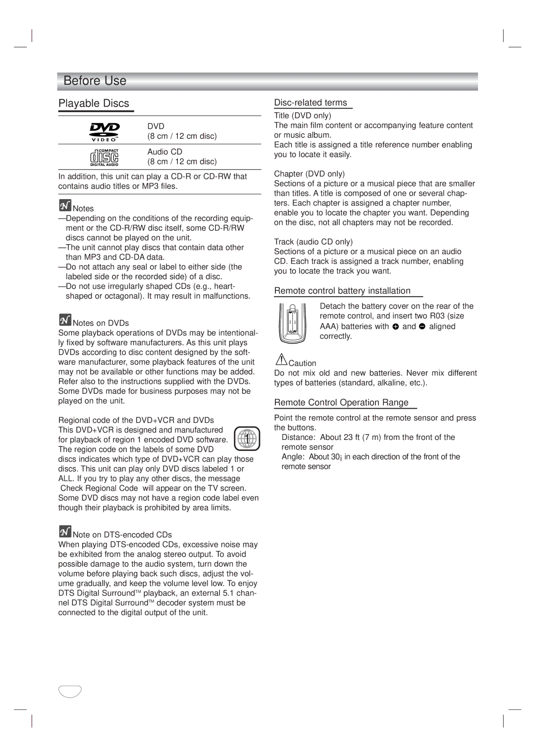 GoVideo DVR 4250, DVR 4200 manual Before Use, Playable Discs, Disc-related terms, Remote control battery installation 