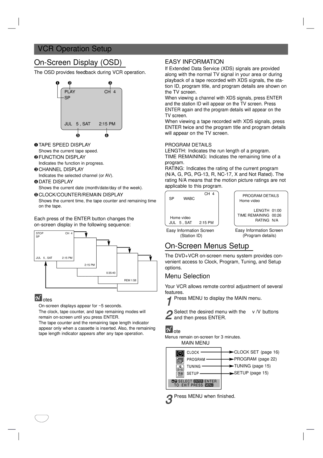 GoVideo DVR1000 manual VCR Operation Setup On-Screen Display OSD, On-Screen Menus Setup, Menu Selection 