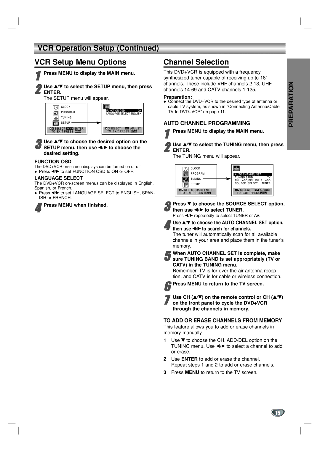 GoVideo DVR1000 manual VCR Operation Setup VCR Setup Menu Options, Channel Selection, Function OSD, Language Select 