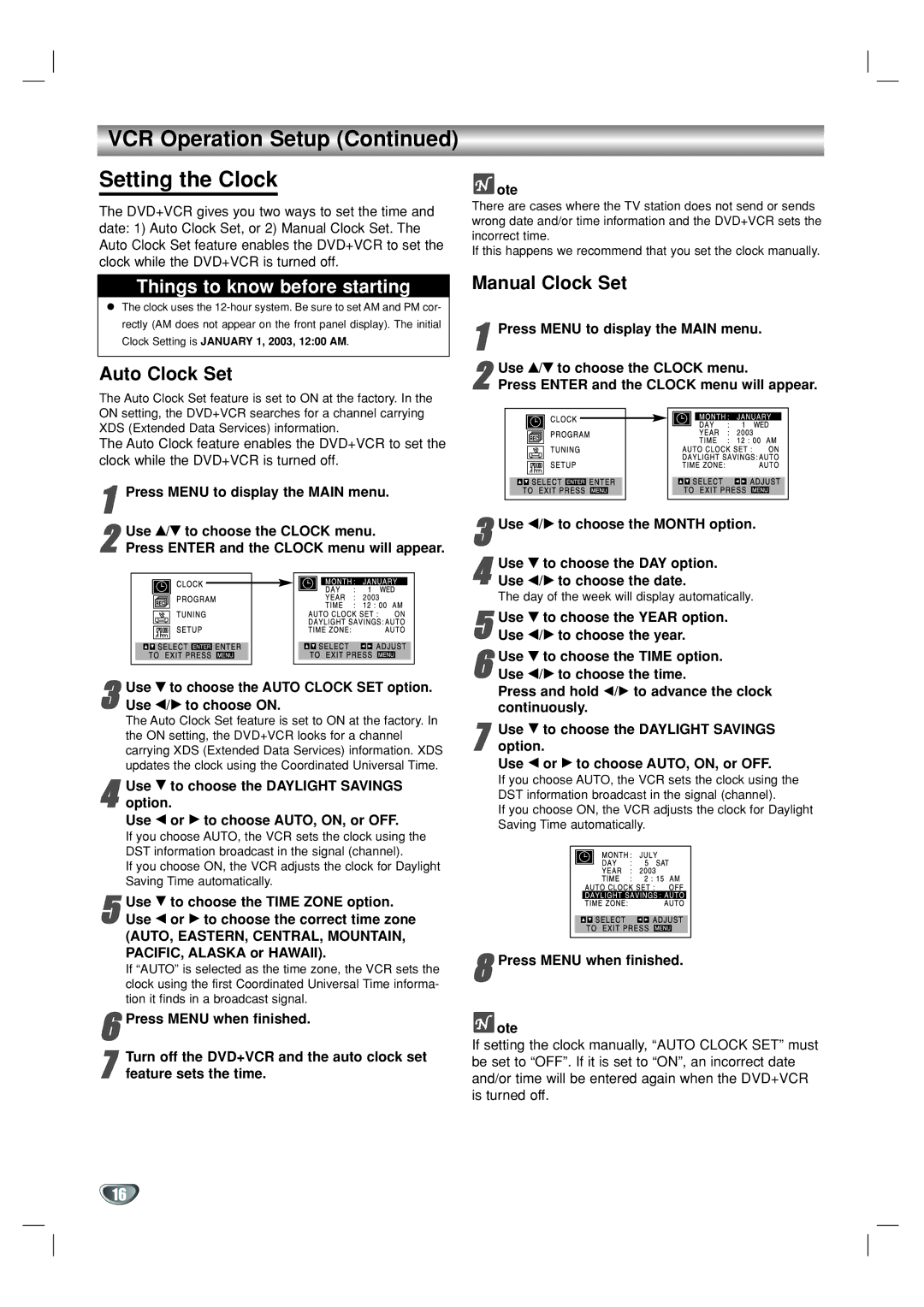 GoVideo DVR1000 manual VCR Operation Setup Setting the Clock, Auto Clock Set, Manual Clock Set 