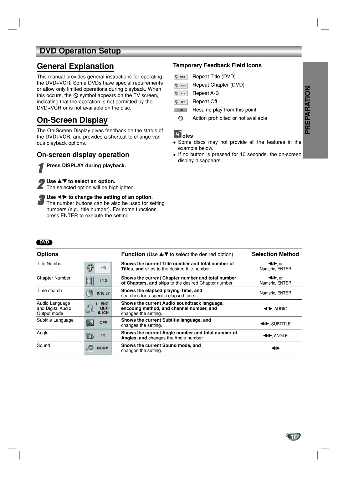 GoVideo DVR1000 manual DVD Operation Setup General Explanation, On-Screen Display, On-screen display operation 