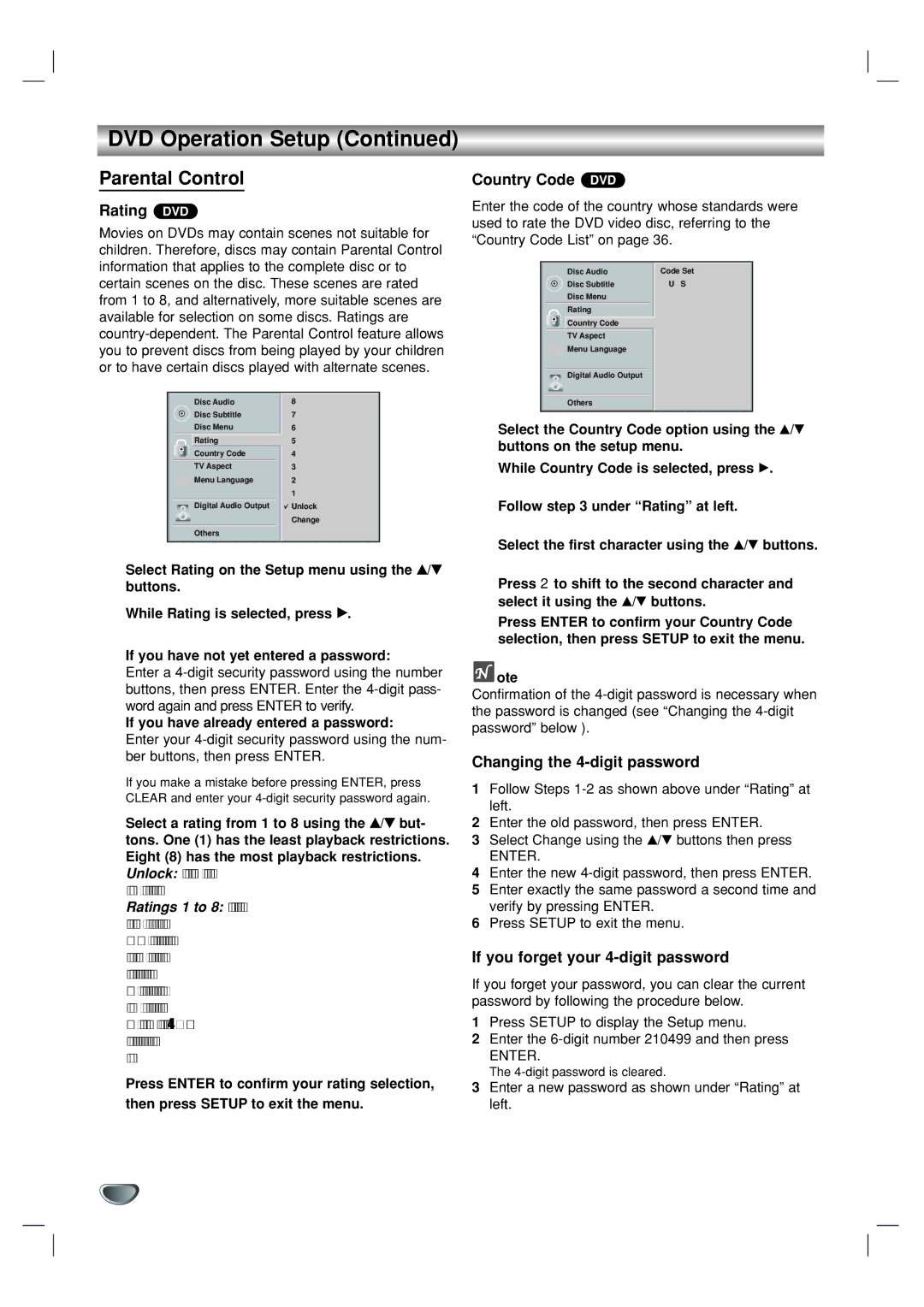 GoVideo DVR1000 manual Parental Control, Rating DVD, Country Code DVD, Changing the 4-digit password 
