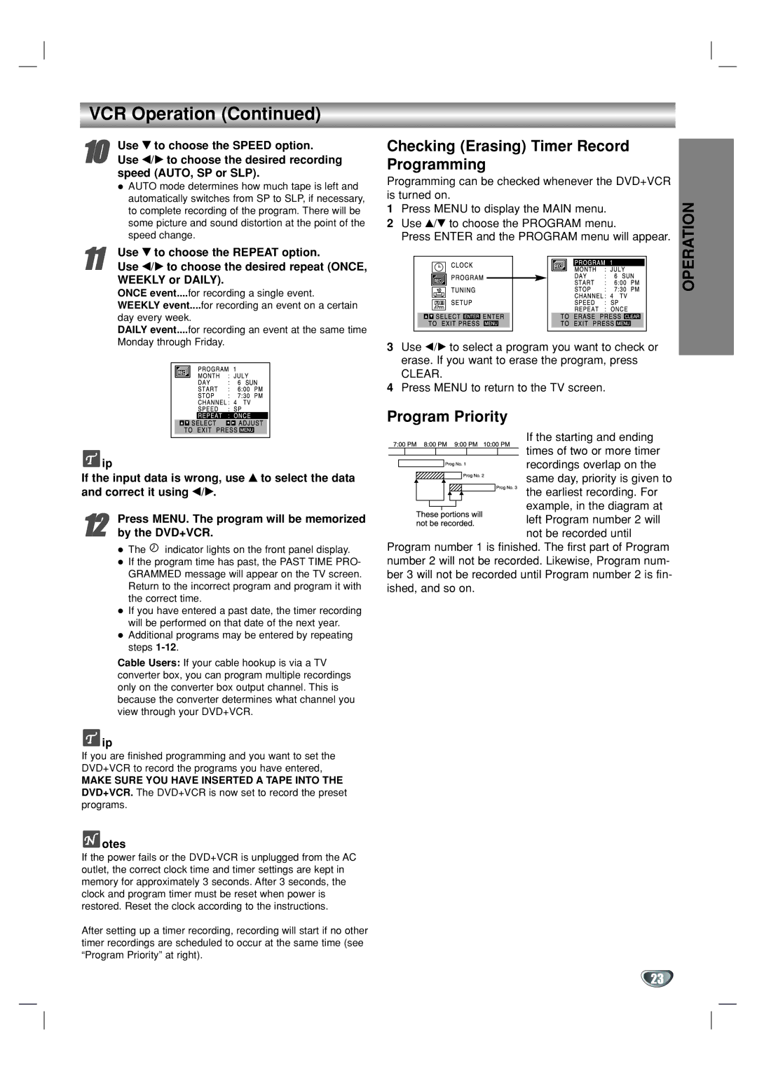 GoVideo DVR1000 manual VCR Operation, Checking Erasing Timer Record Programming, Program Priority 