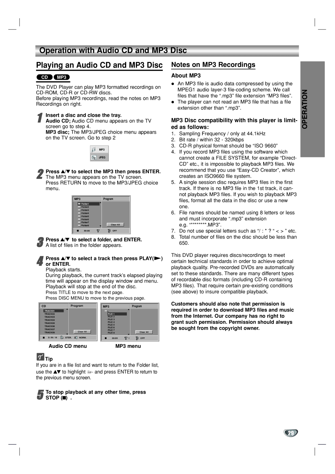 GoVideo DVR1000 manual Operation with Audio CD and MP3 Disc, Insert a disc and close the tray 