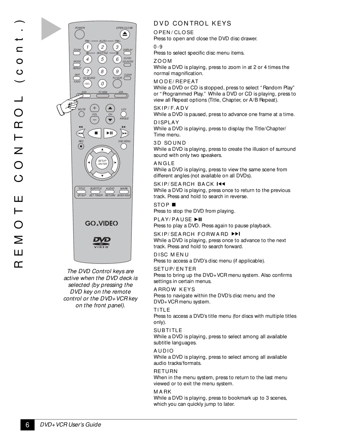 GoVideo DVR4000 manual M O T E C O N T R O L c o n t 