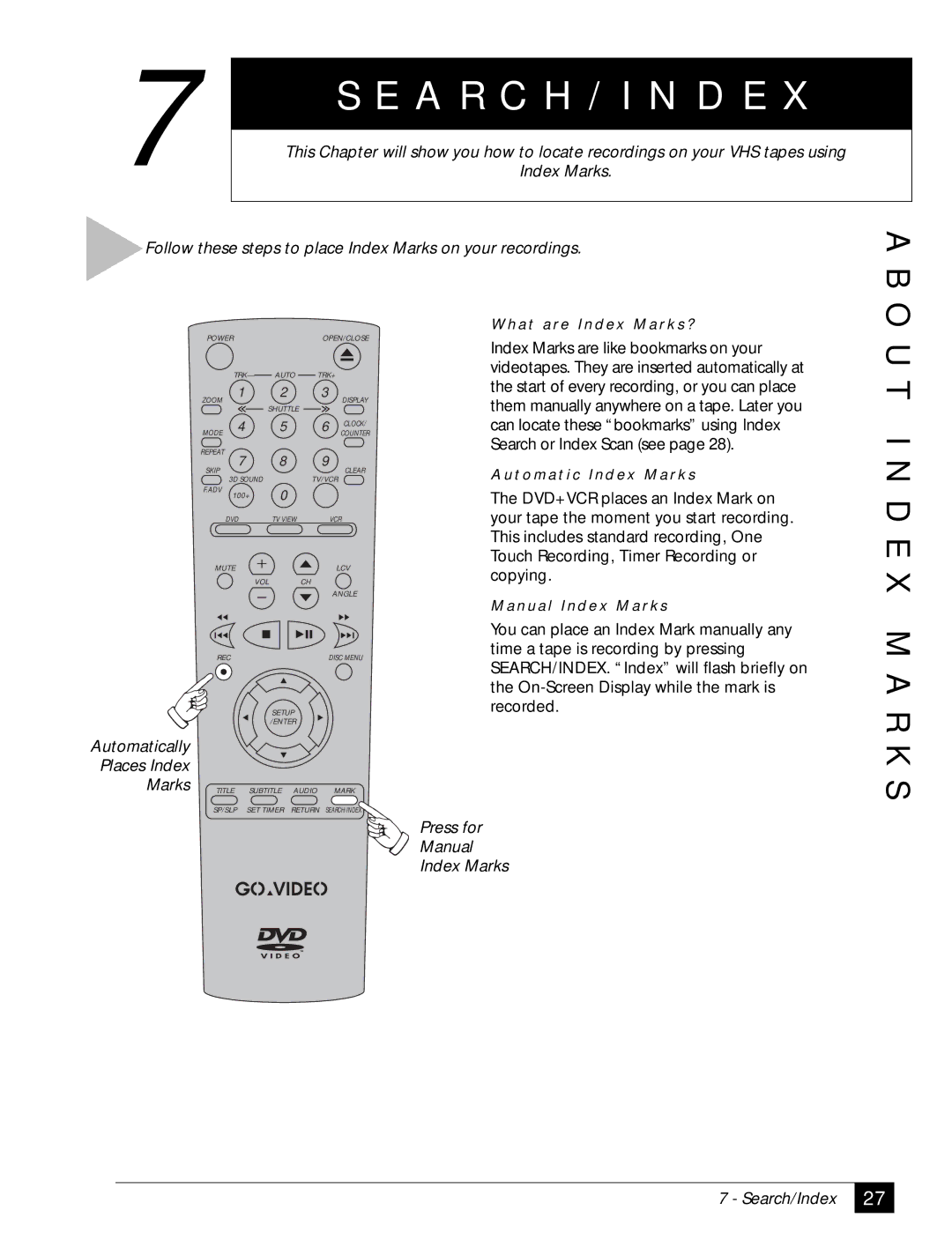 GoVideo DVR4000 manual I N D E X M a R K S, Press for Manual Index Marks, Search/Index 