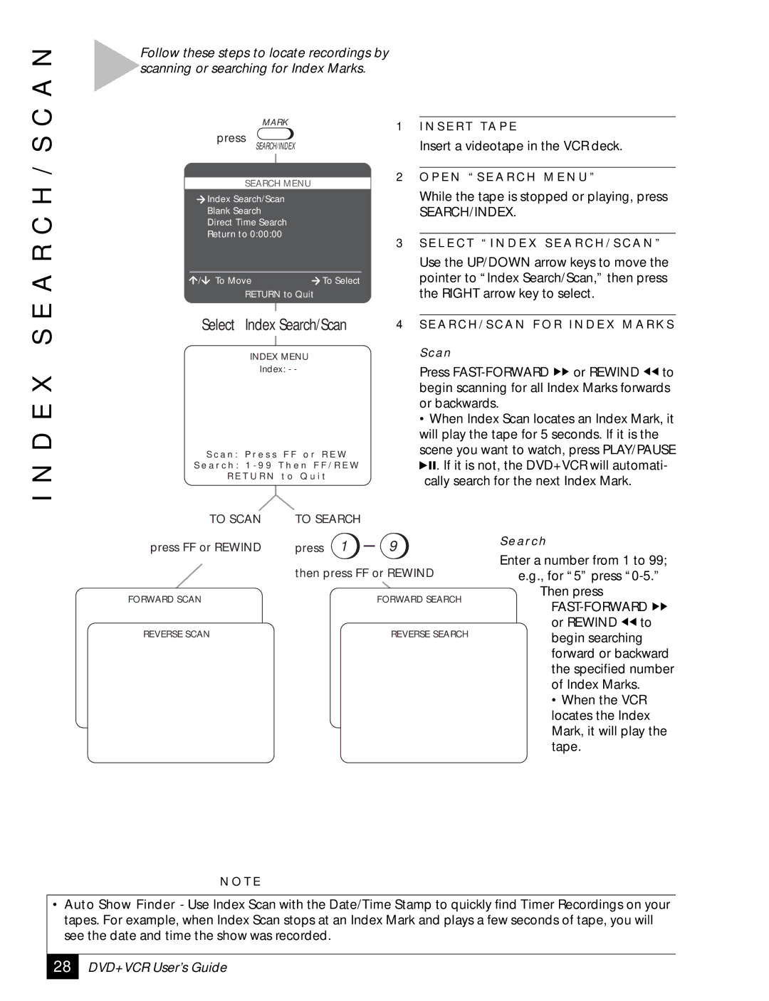 GoVideo DVR4000 manual D E X S E a R C H / S, Select Index Search/Scan, P E N S E a R C H M E N U 