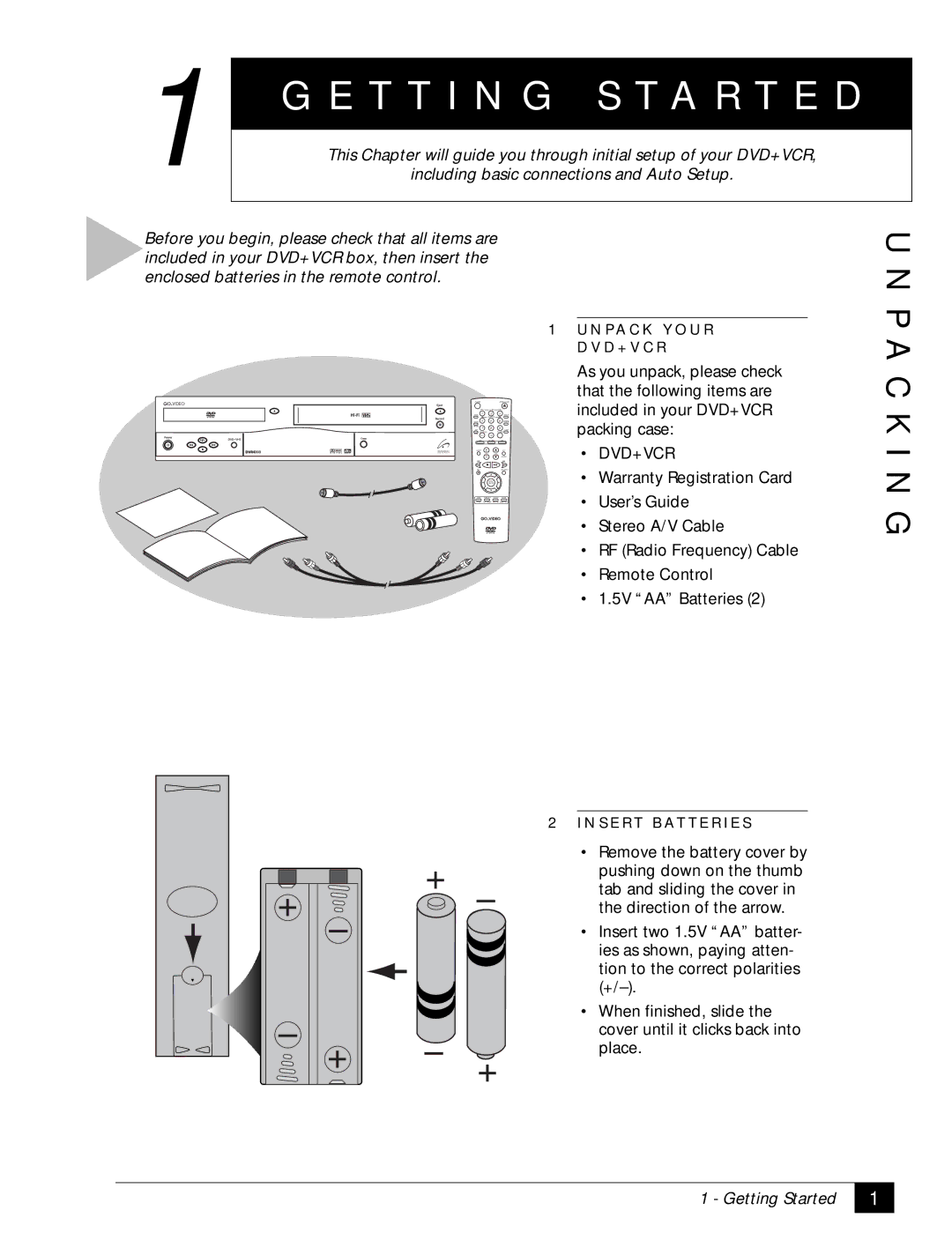 GoVideo DVR4000 manual T T I N G S T a R T E D, P a C K I N G, Getting Started, N Pa C K Y O U R D V D + V C R 