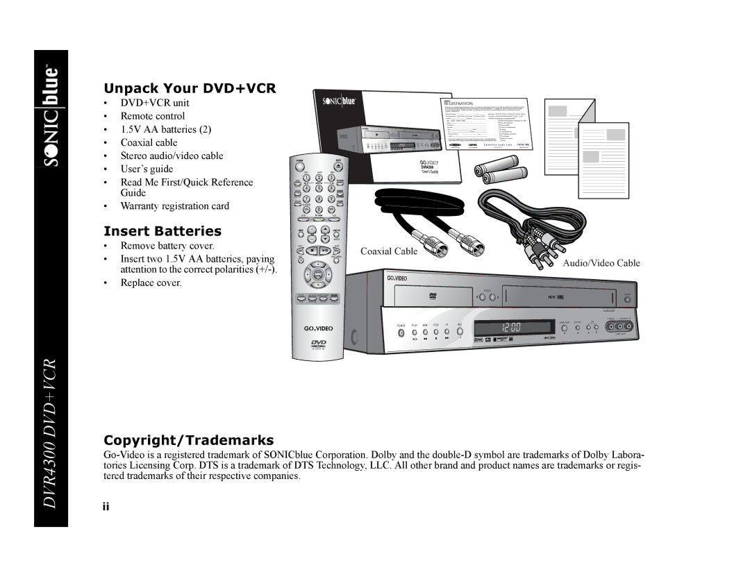 GoVideo DVR4300 manual Unpack Your DVD+VCR, Insert Batteries, Copyright/Trademarks 