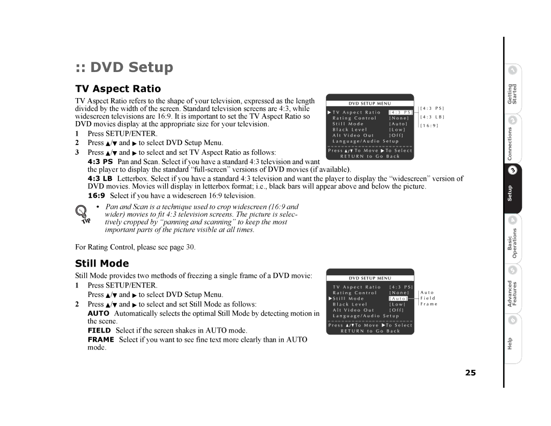 GoVideo DVR4300 manual DVD Setup, TV Aspect Ratio, Still Mode 