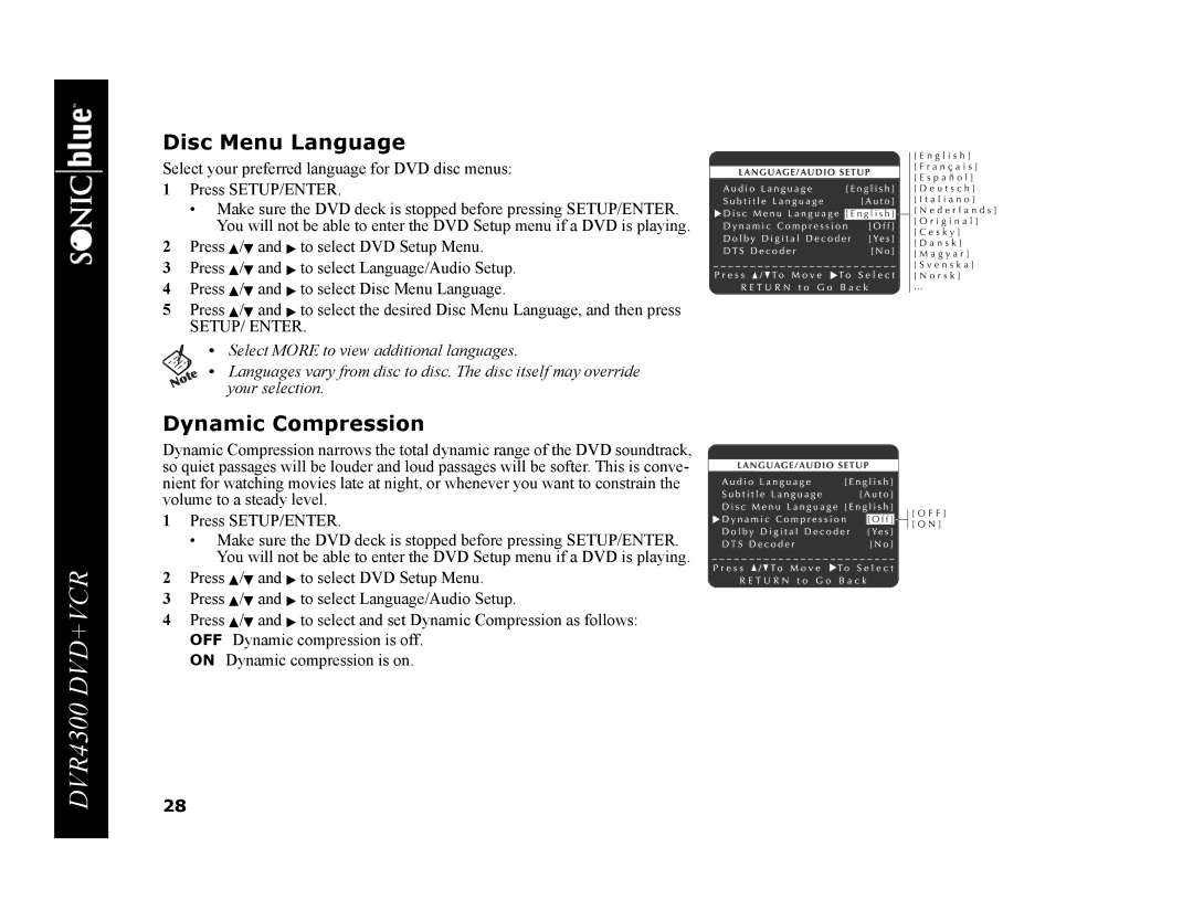 GoVideo DVR4300 manual Disc Menu Language, Dynamic Compression 