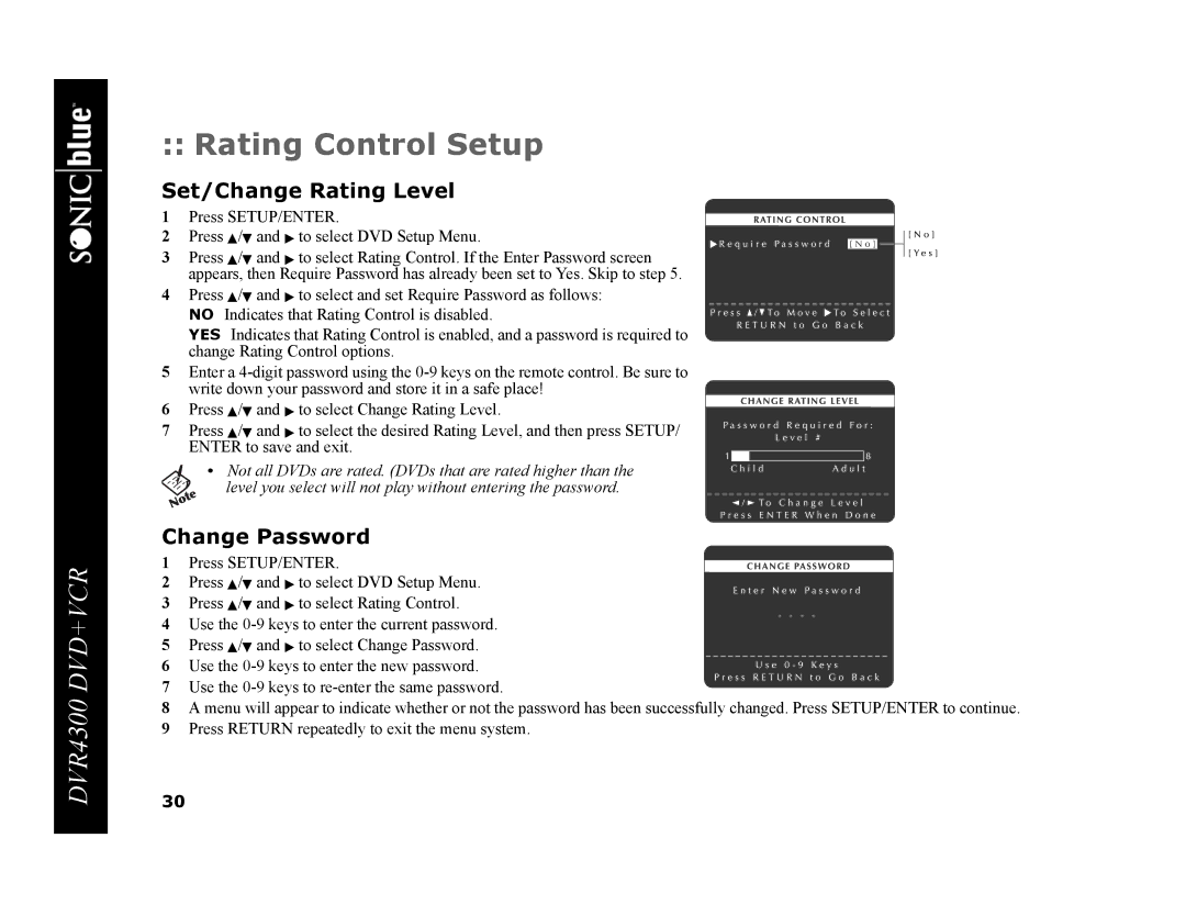 GoVideo DVR4300 manual Rating Control Setup, Set/Change Rating Level, Change Password 