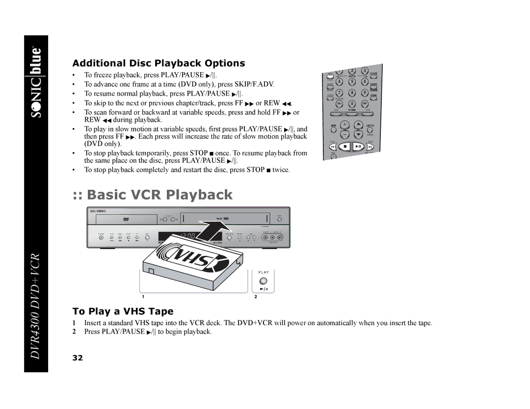 GoVideo DVR4300 manual Basic VCR Playback, Additional Disc Playback Options, To Play a VHS Tape 