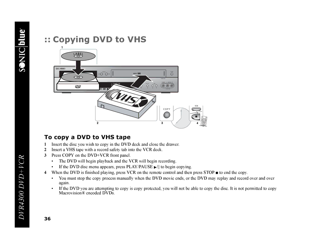 GoVideo DVR4300 manual Copying DVD to VHS, To copy a DVD to VHS tape 