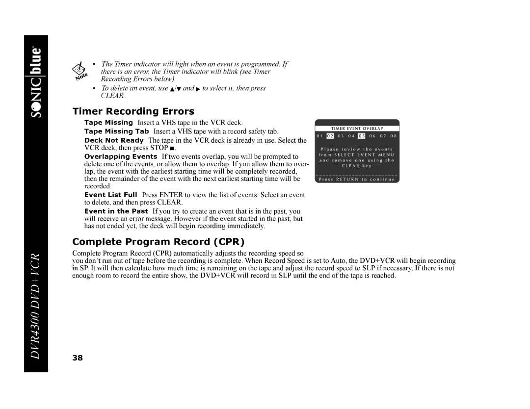 GoVideo DVR4300 manual Timer Recording Errors, Complete Program Record CPR 