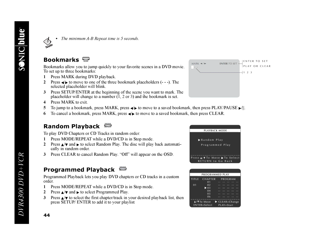 GoVideo DVR4300 manual Bookmarks, Random Playback, Programmed Playback 