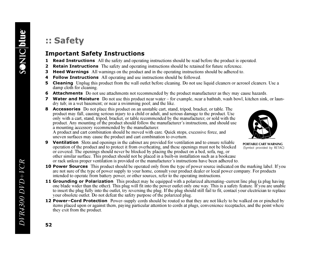 GoVideo DVR4300 manual Important Safety Instructions 