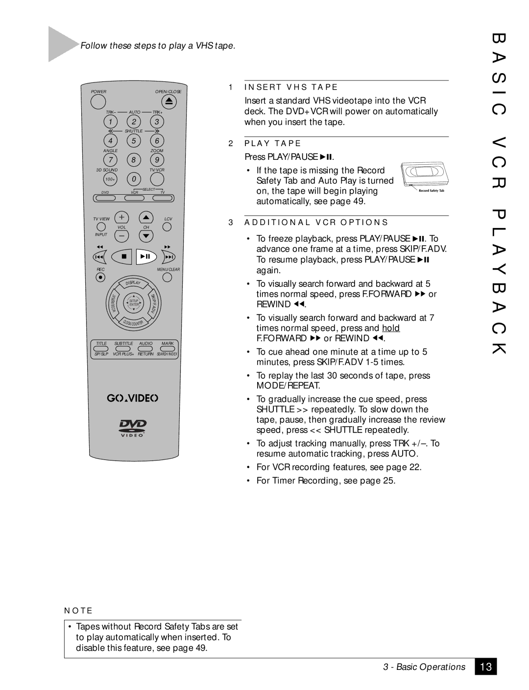 GoVideo DVD VCR Combo, DVR4500, 129 manual R P L a Y B a C K, AY T a P E, D I T I O N a L V C R O P T I O N S 