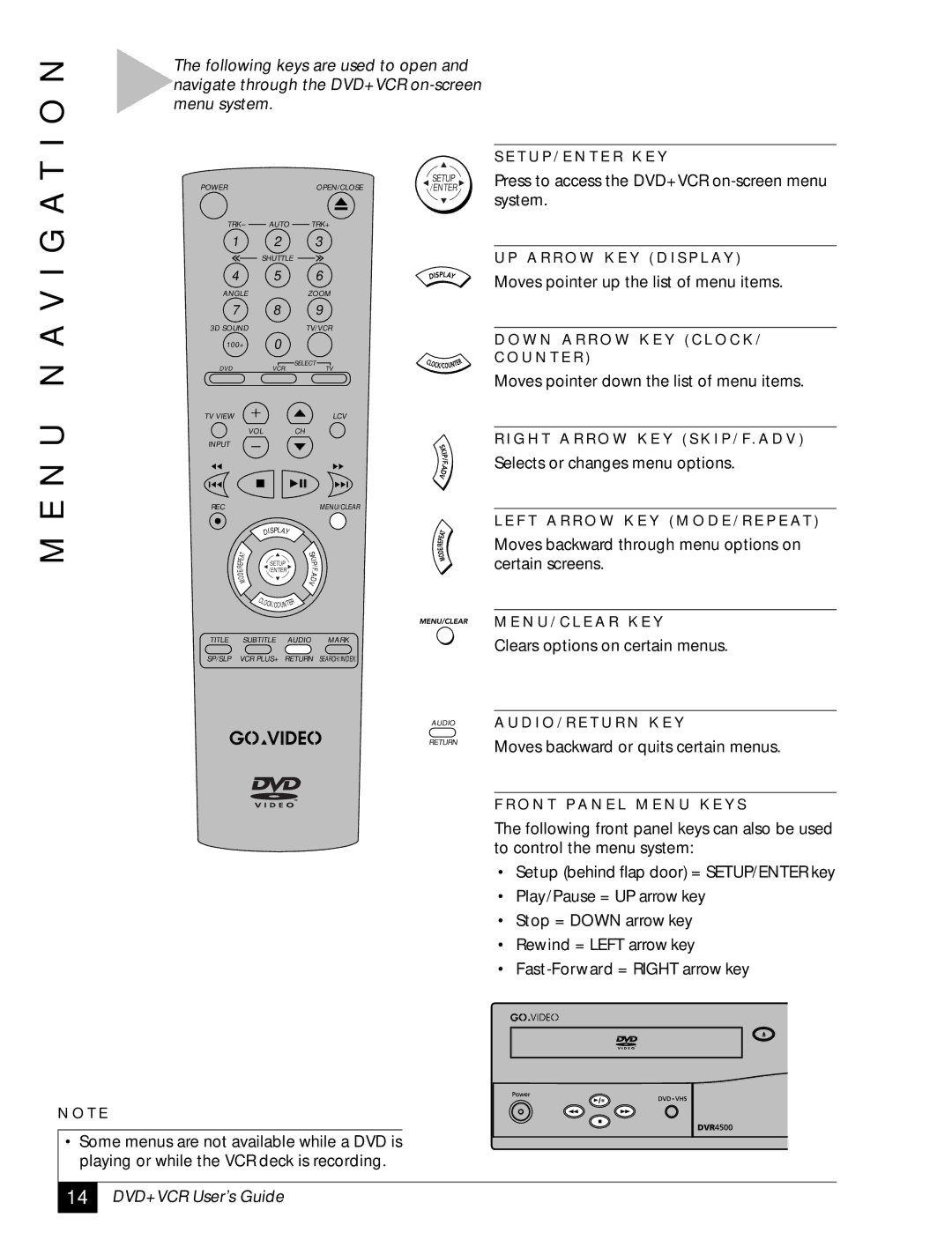 GoVideo 129, DVR4500, DVD VCR Combo manual I O N, N U N a V I G, O N T P a N E L M E N U K E Y S 