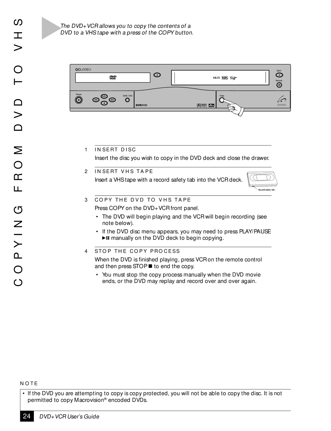 GoVideo DVR4500, 129 manual P Y I N G F R O M D V D T O V H S, N S E R T V H S T a P E, O P Y T H E D V D T O V H S T a P E 