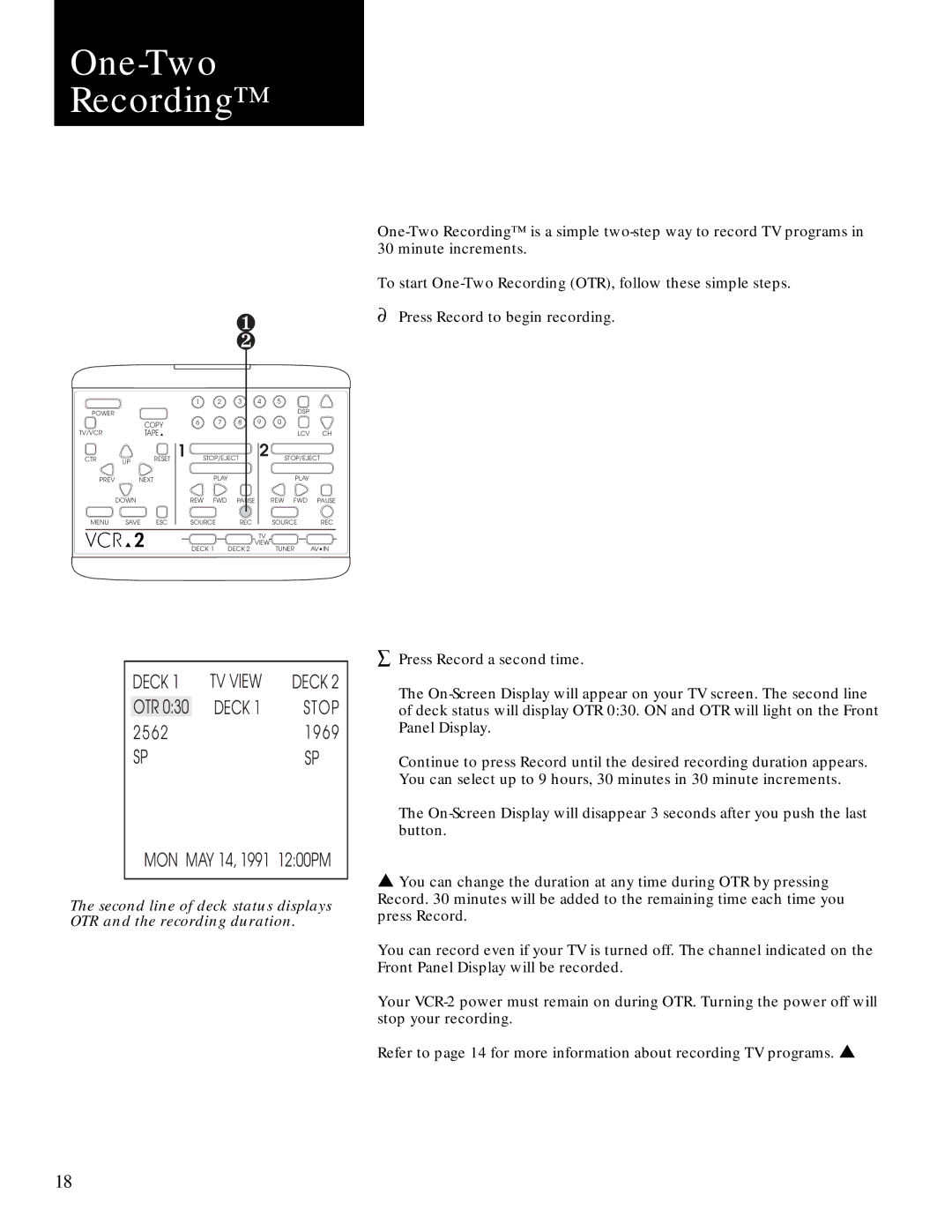 GoVideo GV2020 manual One-Two Recording, Stop 