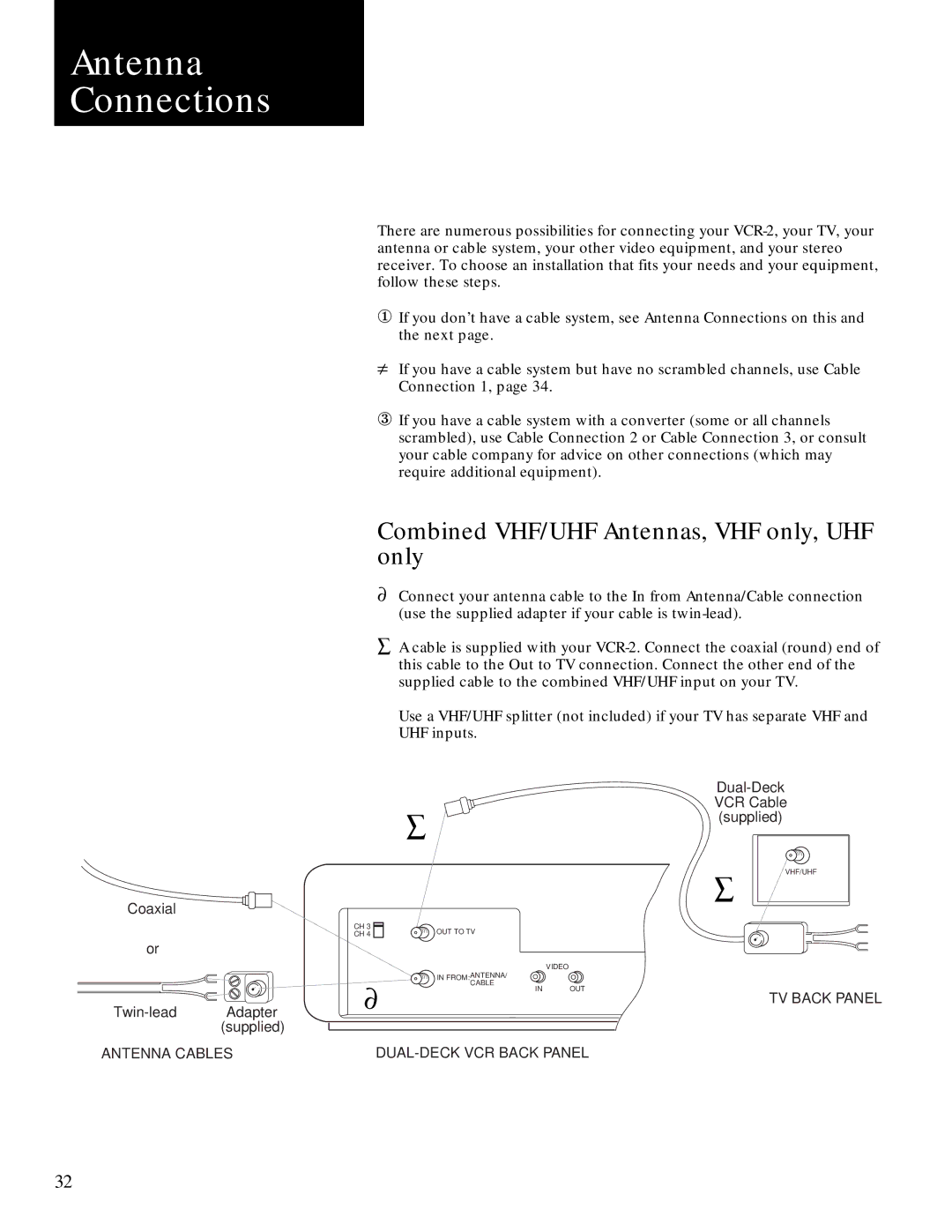 GoVideo GV2020 manual Antenna Connections, Combined VHF/UHF Antennas, VHF only, UHF only 