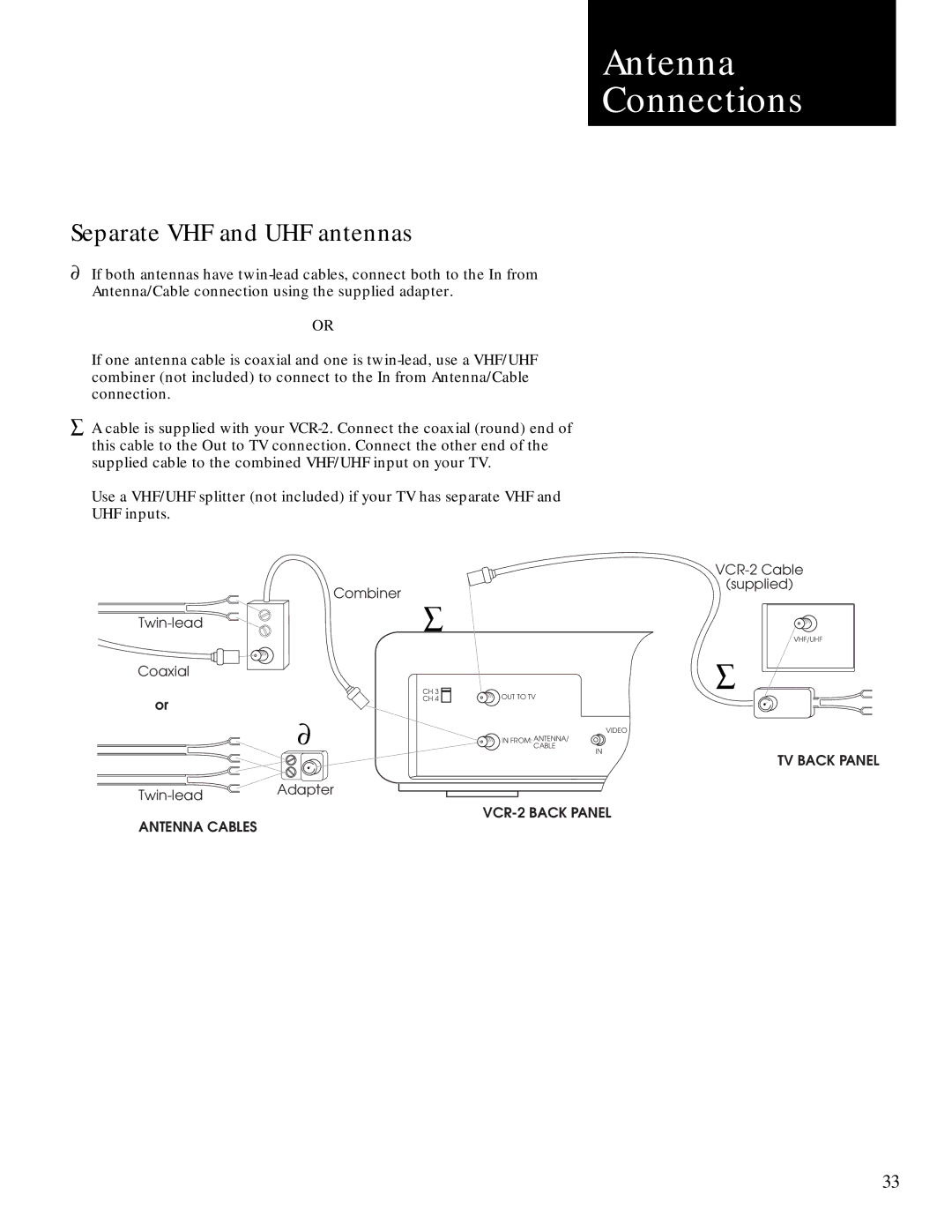 GoVideo GV2020 manual Separate VHF and UHF antennas 