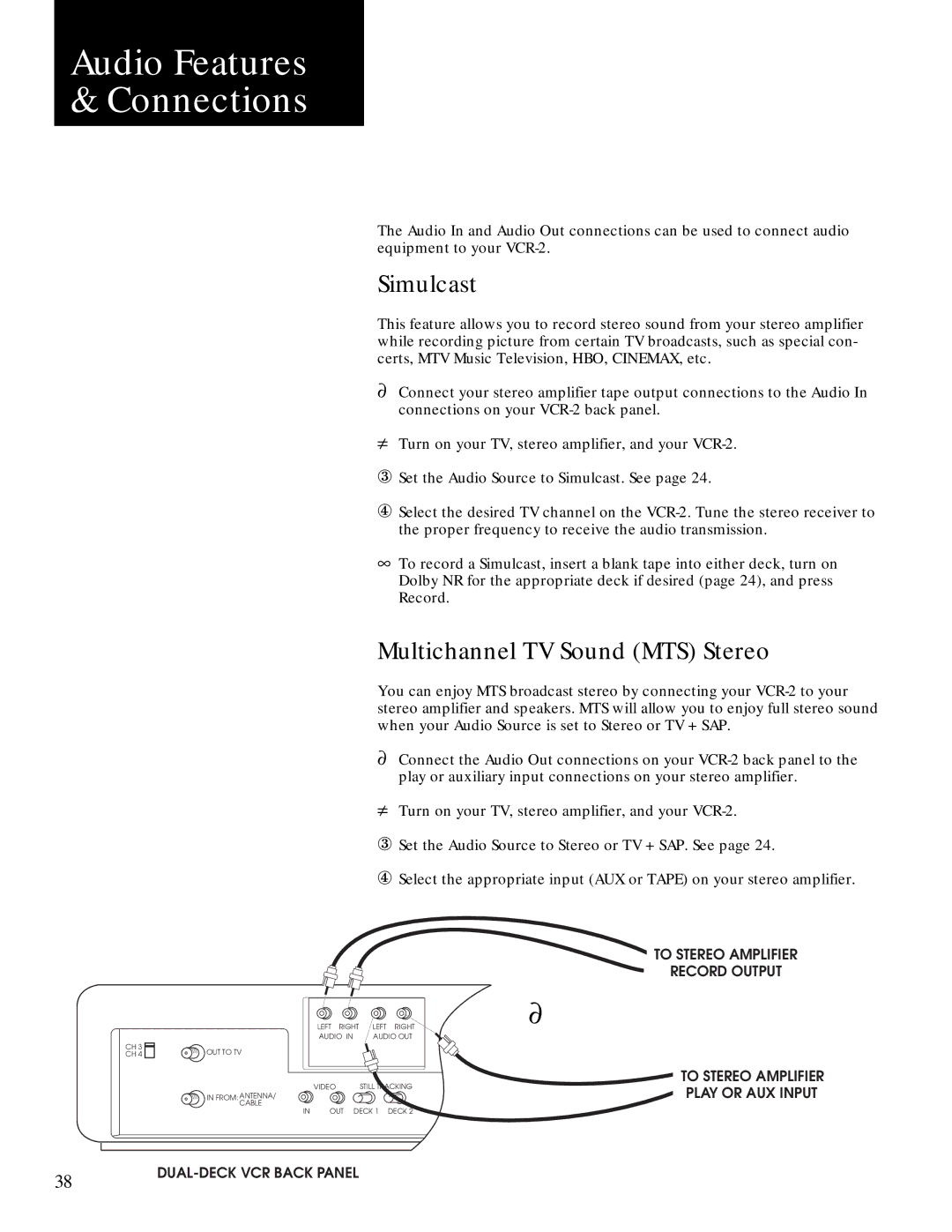 GoVideo GV2020 manual Audio Features Connections, Simulcast, Multichannel TV Sound MTS Stereo 