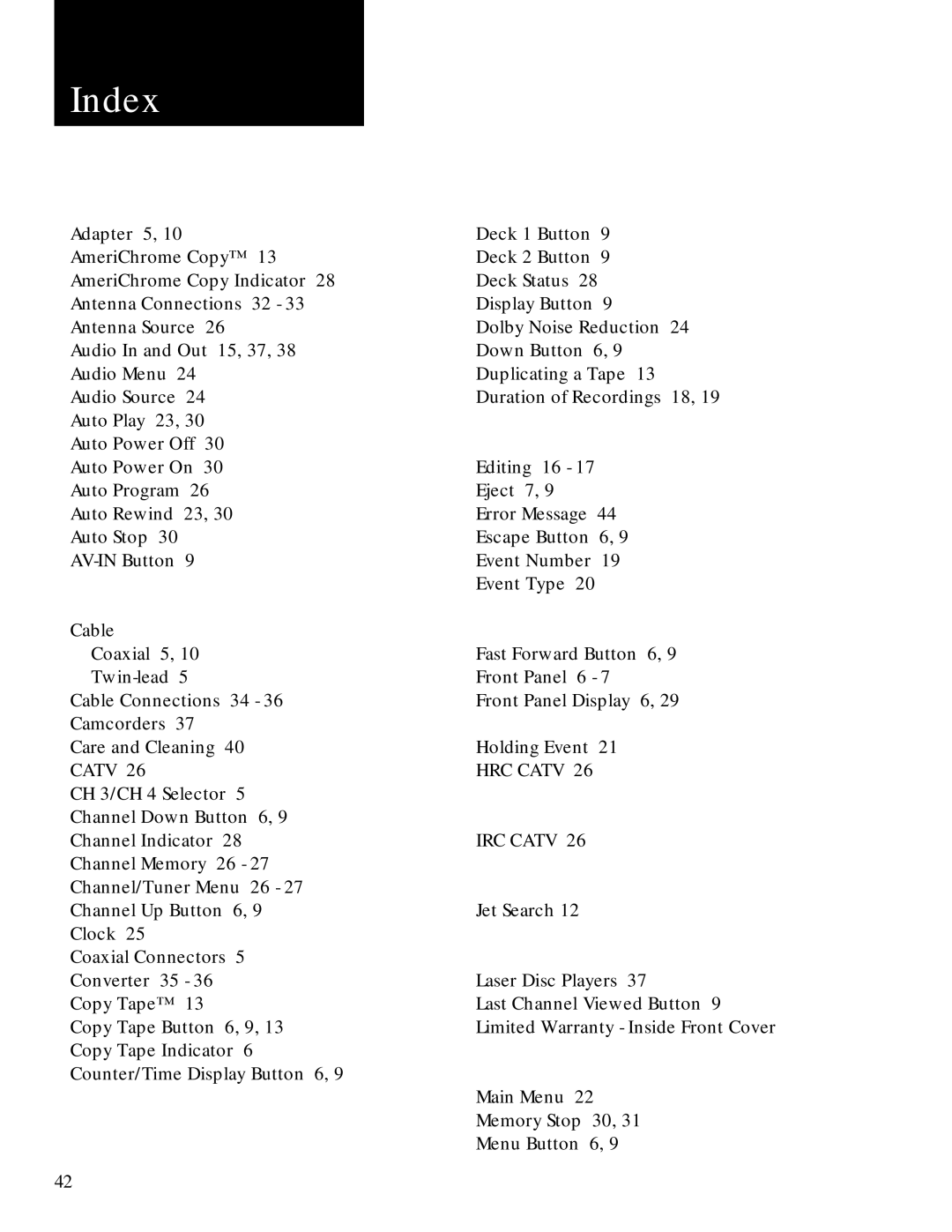 GoVideo GV2020 manual Index, IRC Catv 