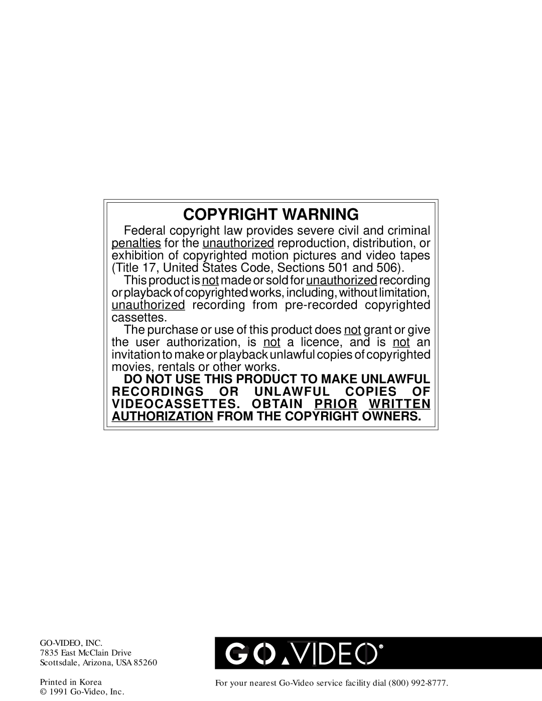 GoVideo GV2020 manual Copyright Warning 