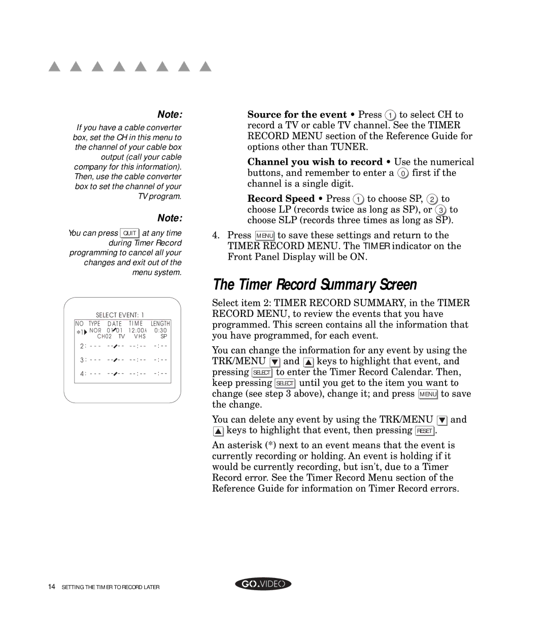 GoVideo GV8050 manual Timer Record Summary Screen, Source for the event Press 1 to select CH to 