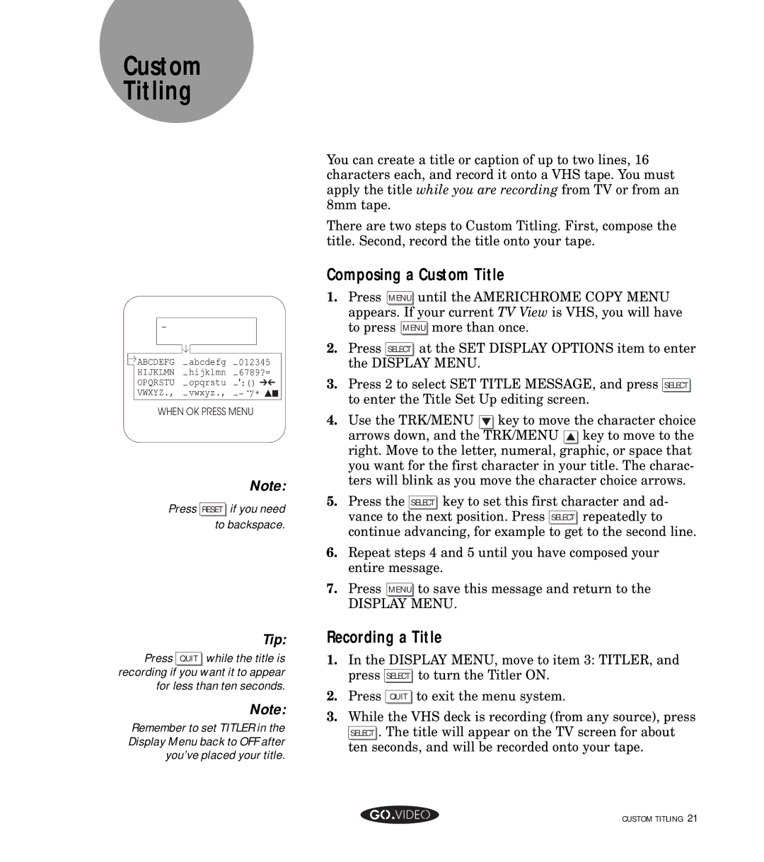 GoVideo GV8050 manual Custom Titling, Composing a Custom Title, Recording a Title 