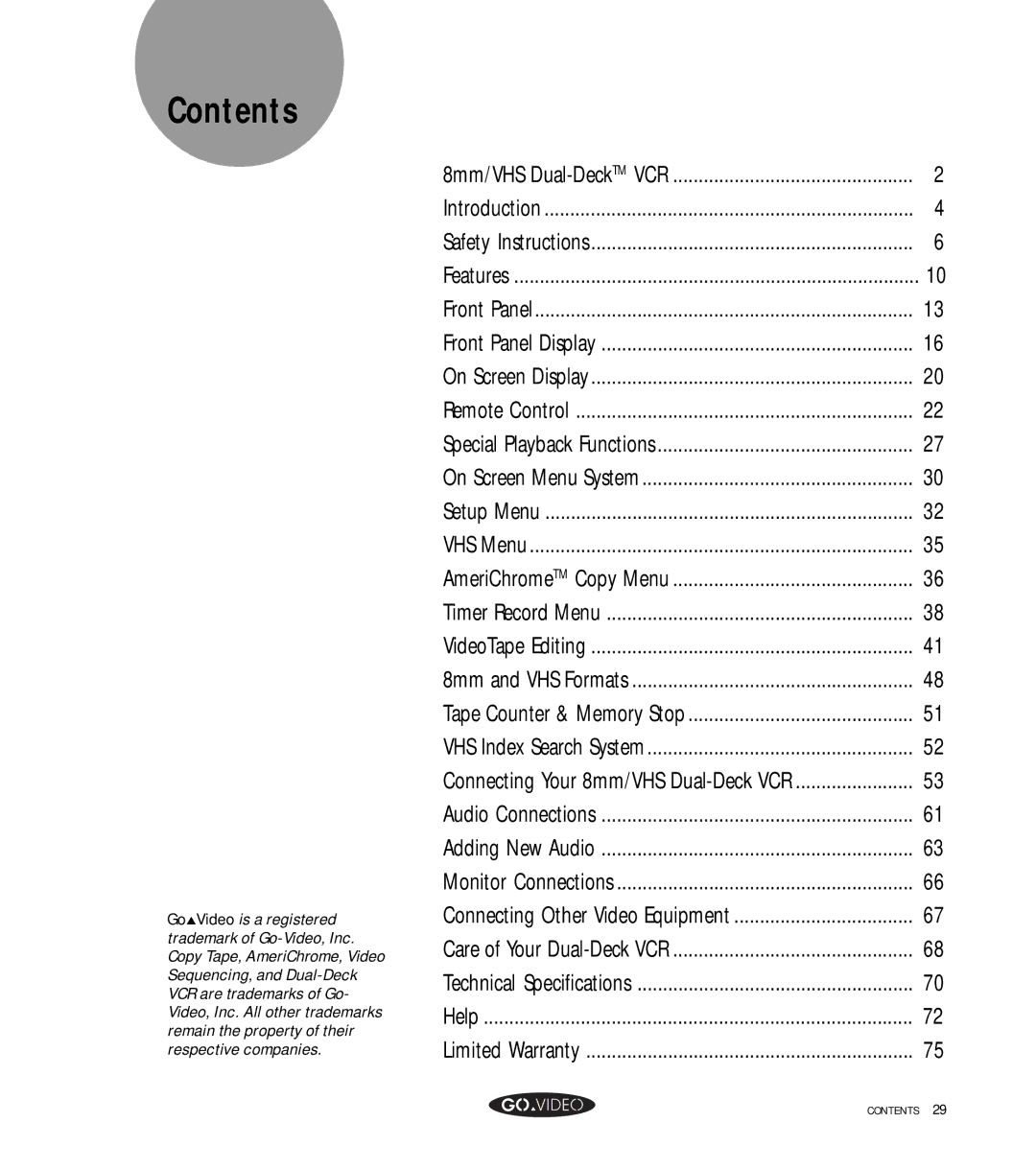 GoVideo GV8050 manual Contents 