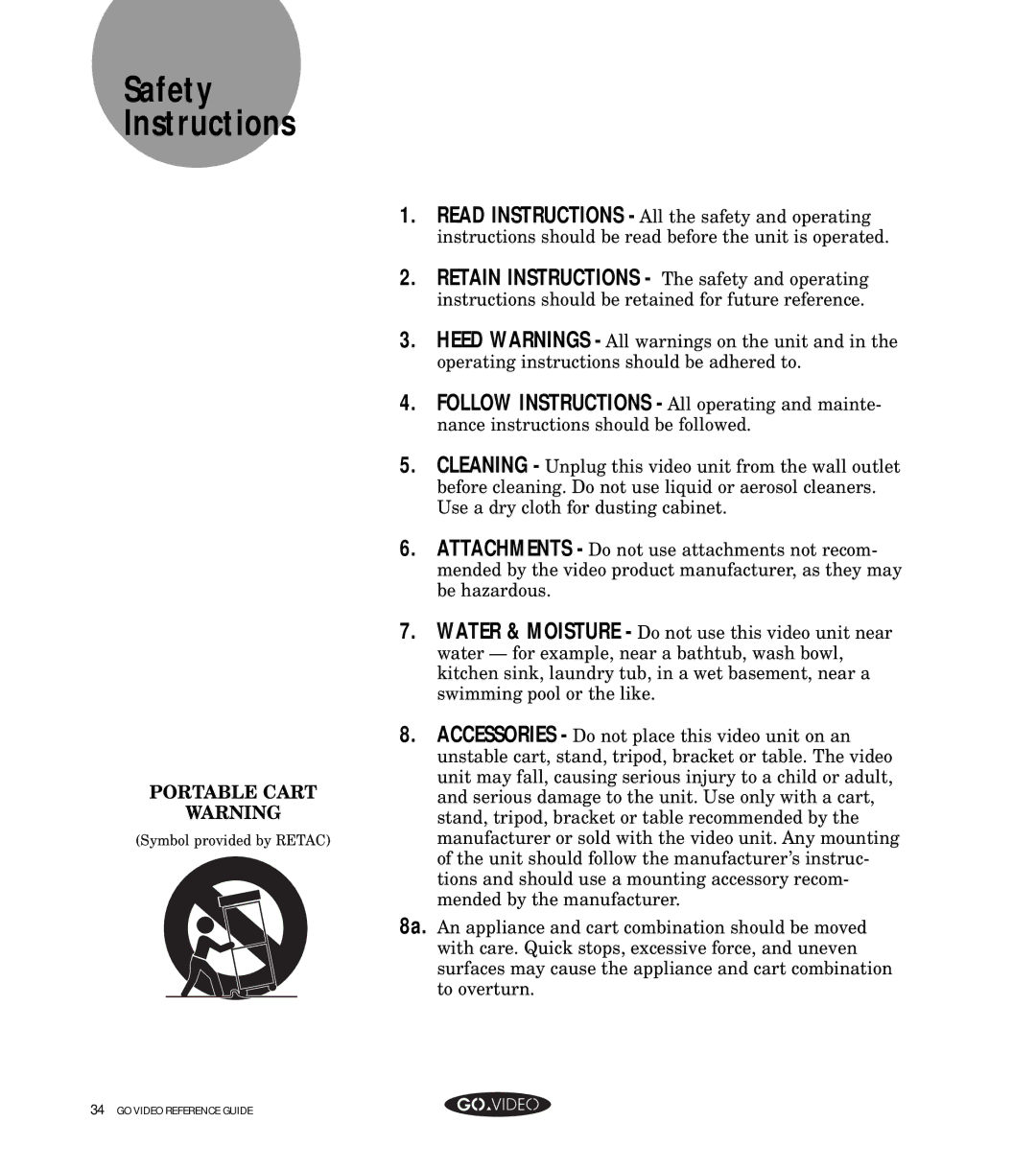 GoVideo GV8050 manual Safety Instructions, Portable Cart 